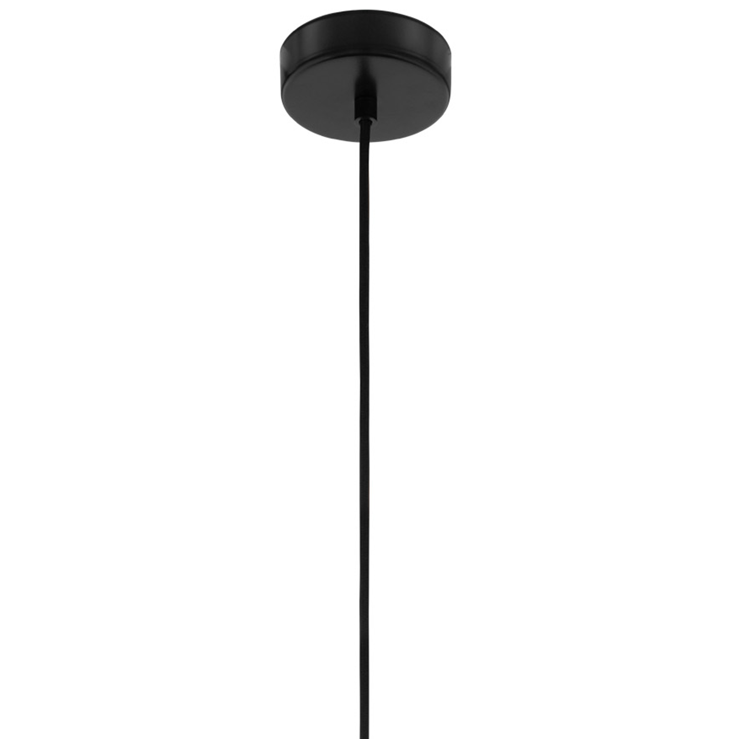 Un apparecchio a soffitto nero con un cavo nero scende da una placca circolare nera su sfondo bianco.