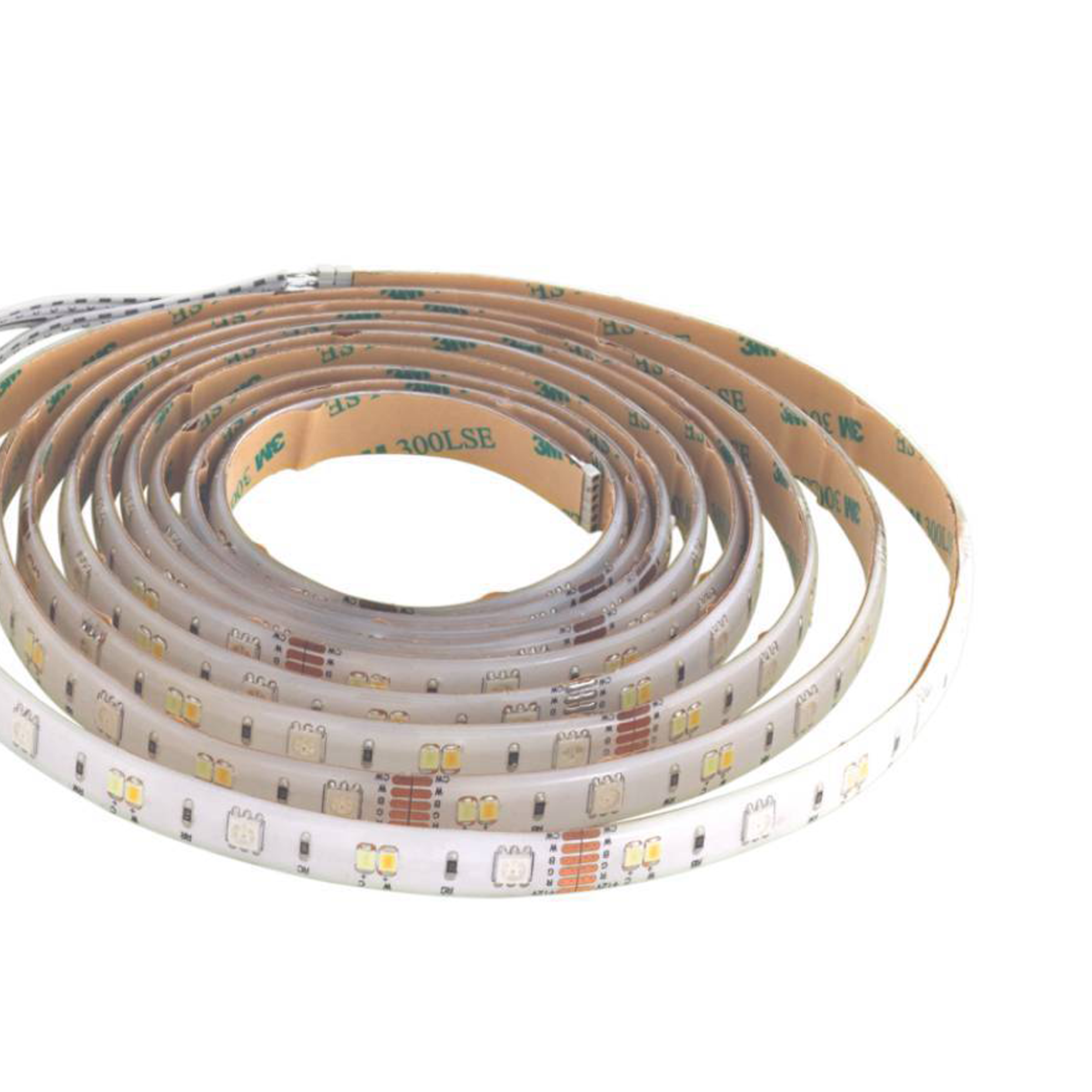 Eine Rolle LED-Streifen. Der Streifen ist weiß, mit kleinen Lichtern und einer braunen Kleberückseite.