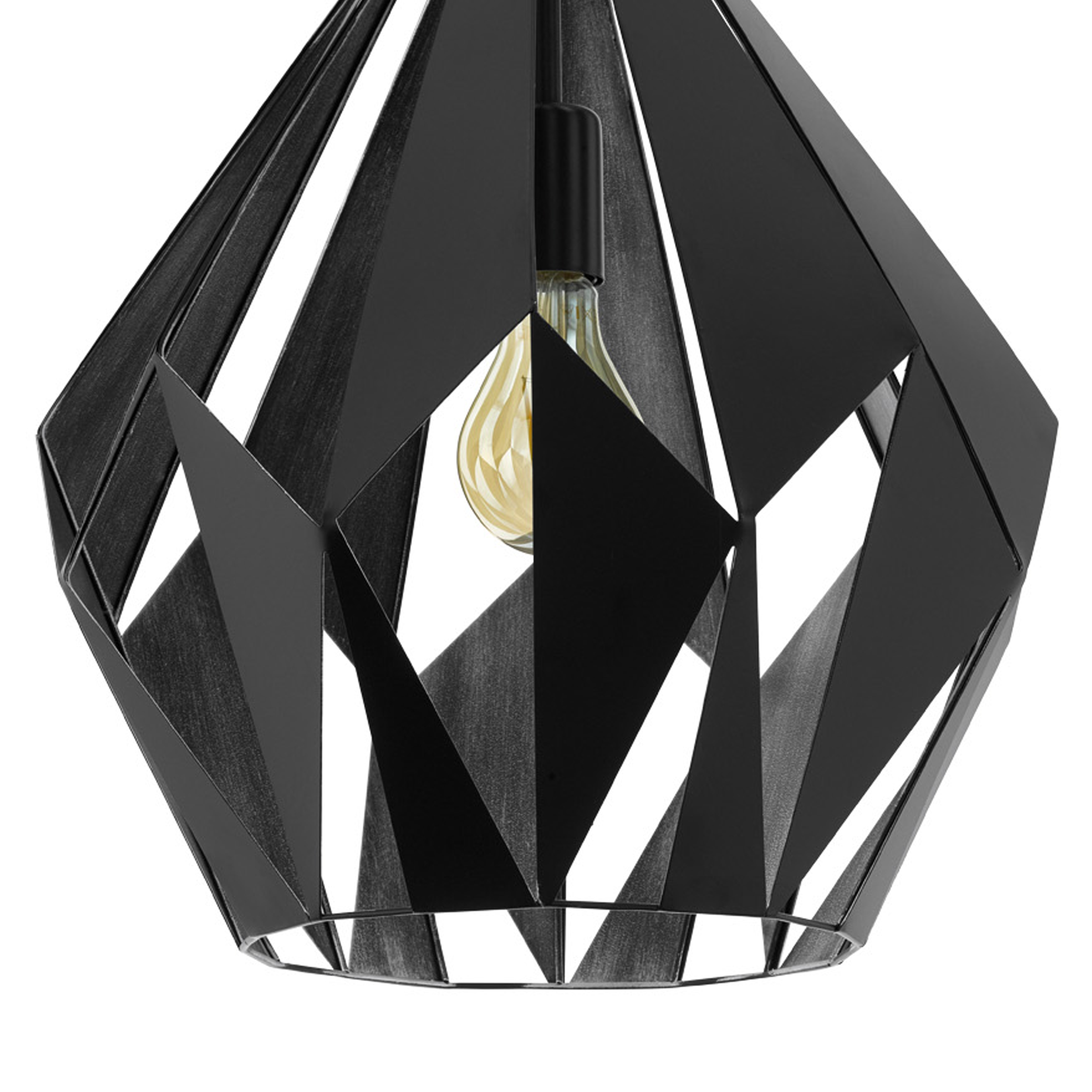 Una lampada a sospensione geometrica nera con una lampadina visibile. Ha una gabbia a forma di diamante e uno sfondo bianco.