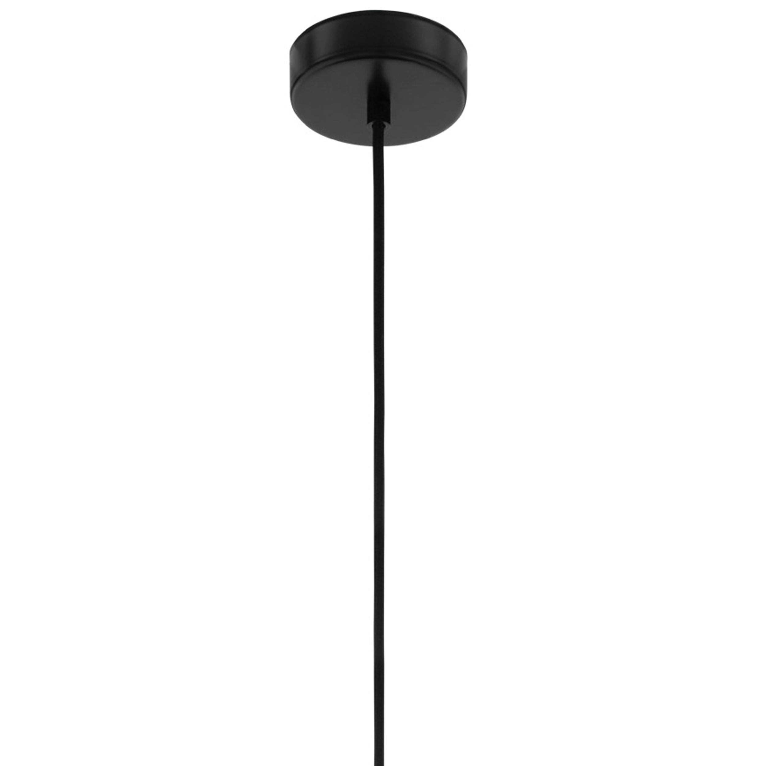 Apparecchio a soffitto nero con una piastra rotonda e un filo lungo e sottile che pende.
