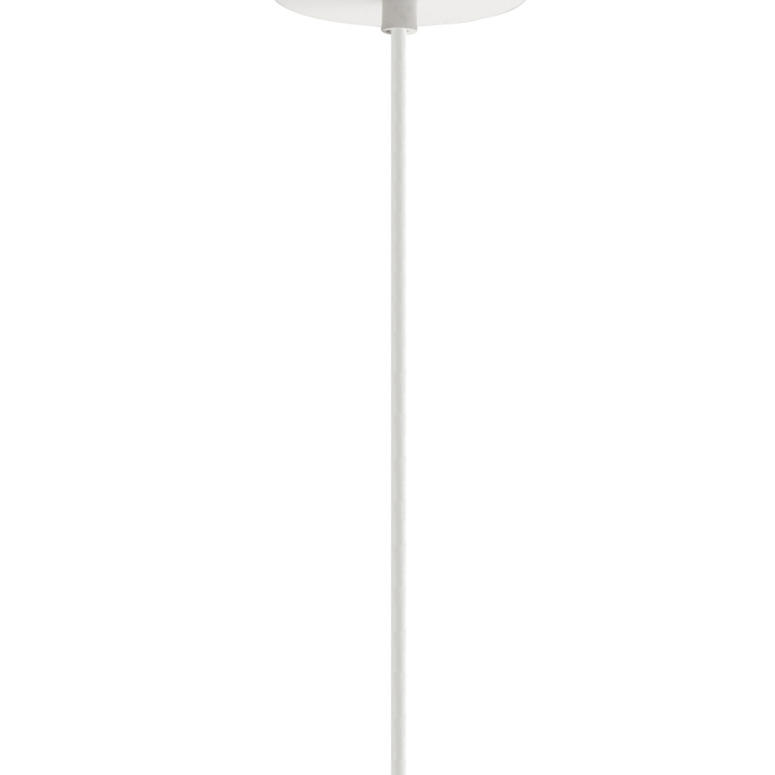 Una lampada a sospensione bianca con una parte superiore circolare e un lungo stelo cilindrico, su sfondo bianco.