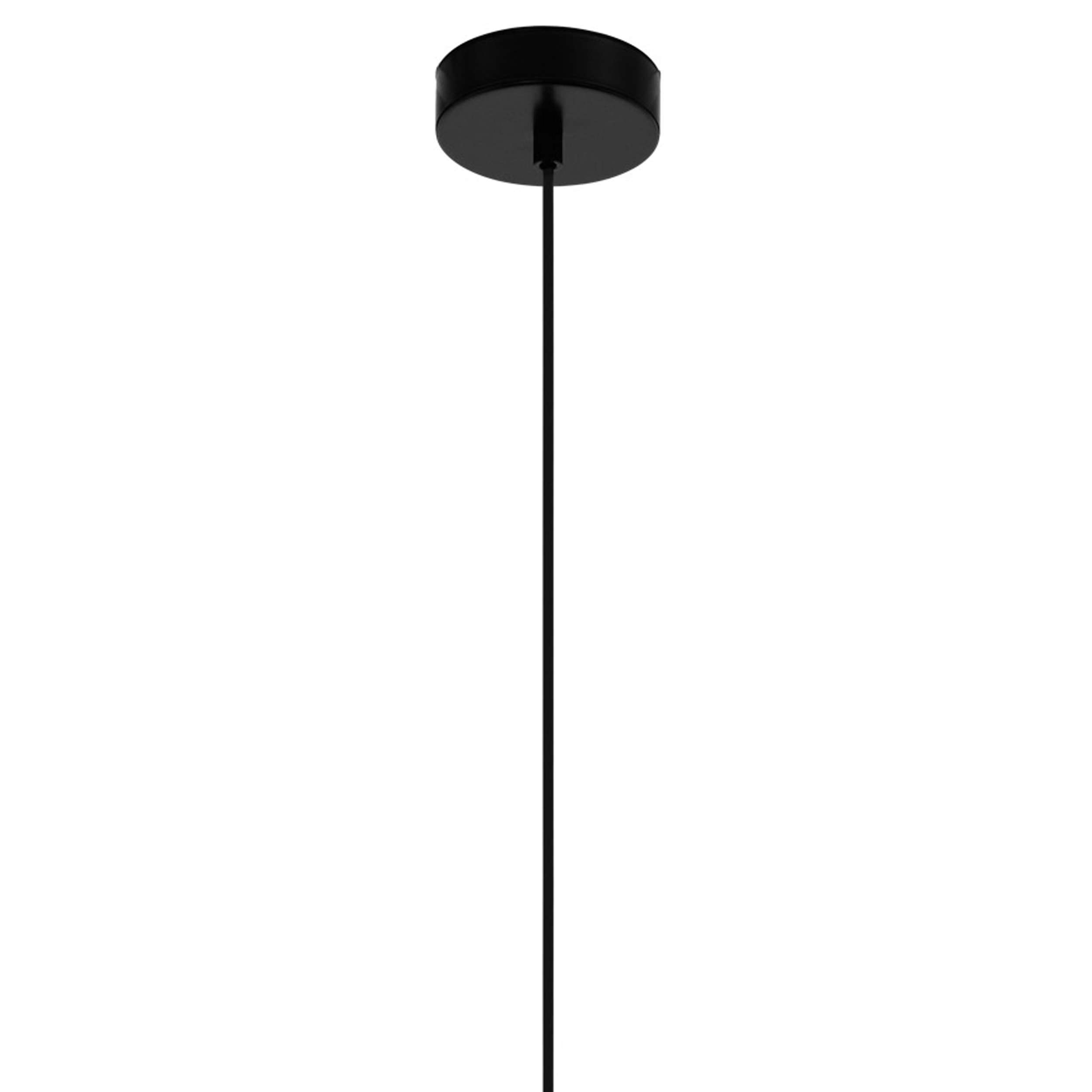 Apparecchio a soffitto nero con base circolare e filo nero. Sfondo bianco.