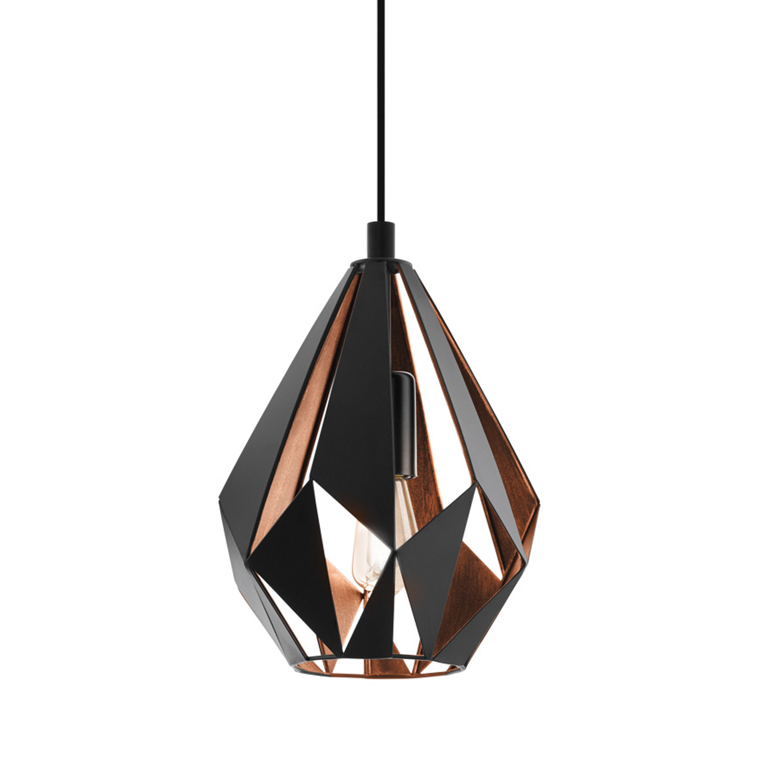 Una lampada a sospensione geometrica nera e rame è appesa a un filo nero. La lampadina è visibile.