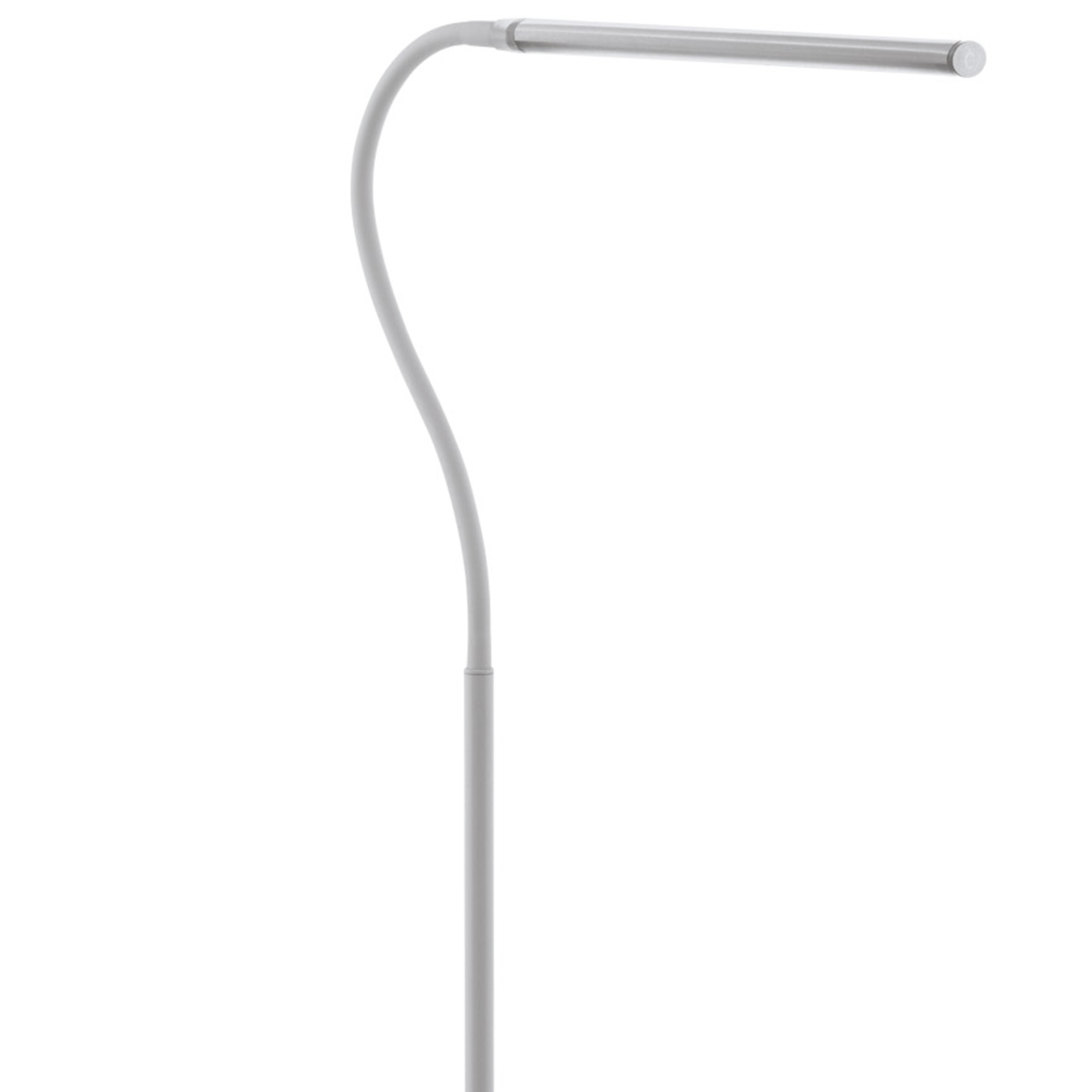 Una lampada da scrivania bianca e curva con una lunga testa luminosa rettangolare su sfondo bianco.