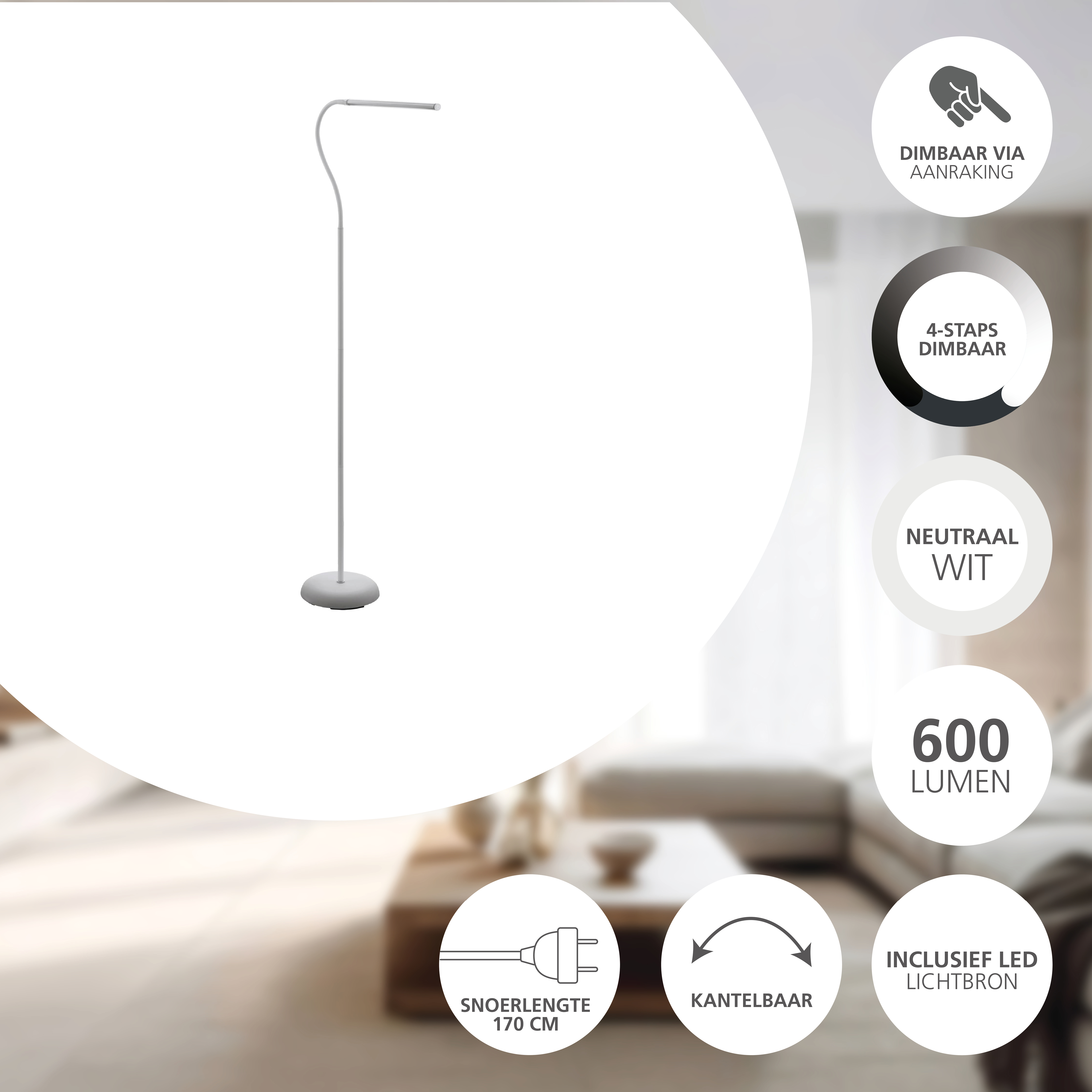 Una lampada da terra argentata con collo curvo e base rotonda. Le etichette informative includono dimmerabile, luce bianca e 600 lumen.