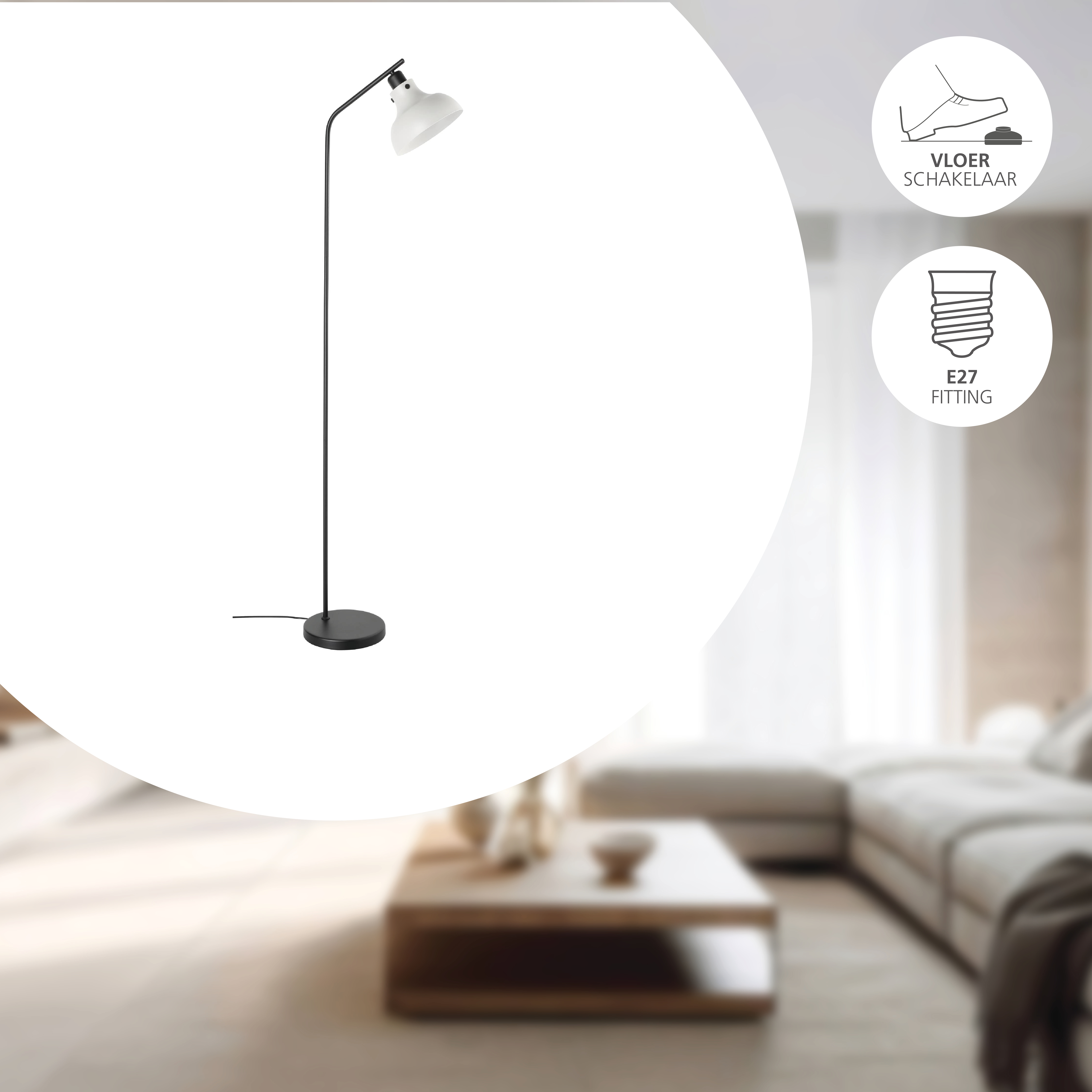 Eine schwarze Stehlampe mit weißem Lampenschirm steht in einem Raum. Ein Fußschalter und eine E27-Fassung sind abgebildet.