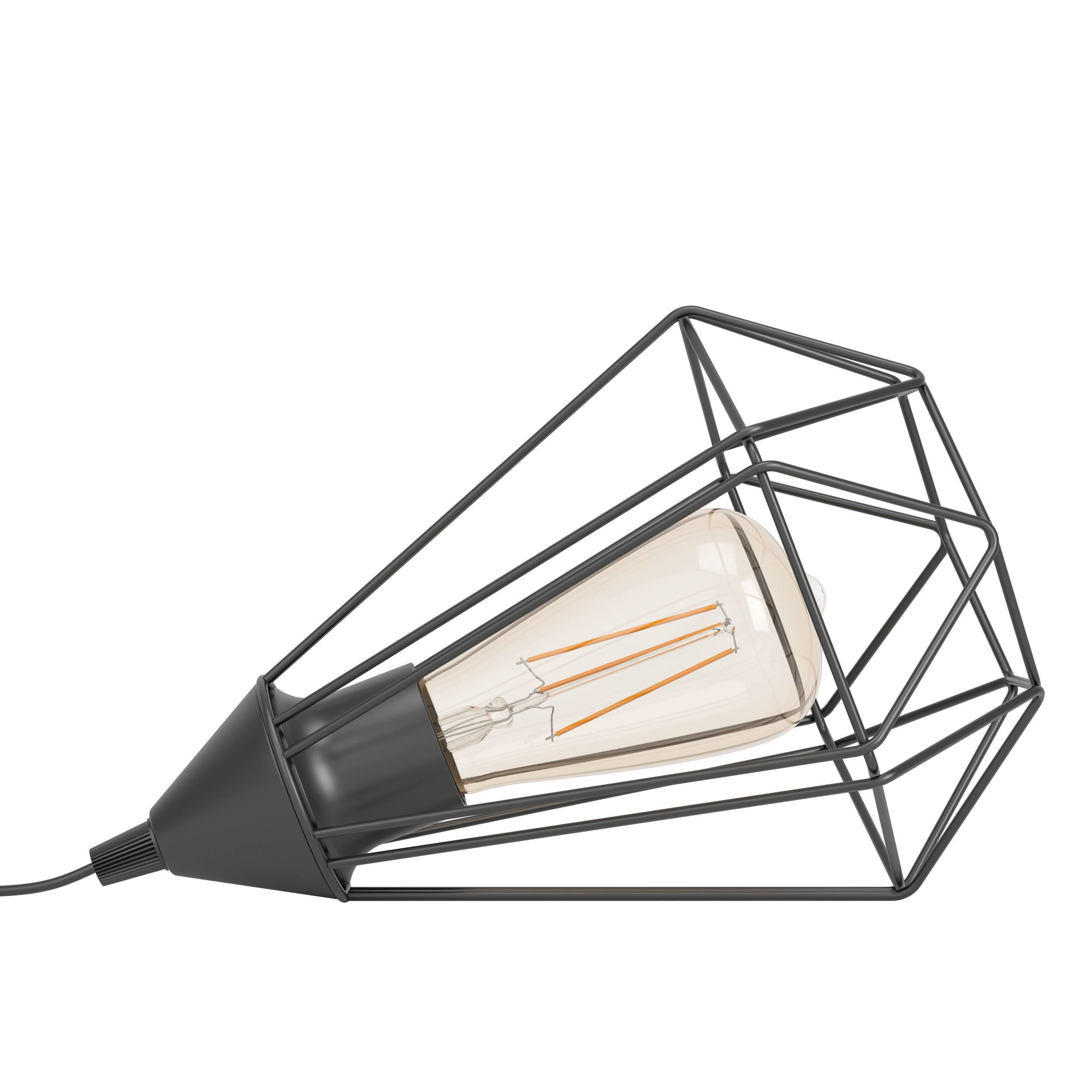 Una lámpara geométrica negra con una bombilla transparente y un cable sobre fondo blanco.