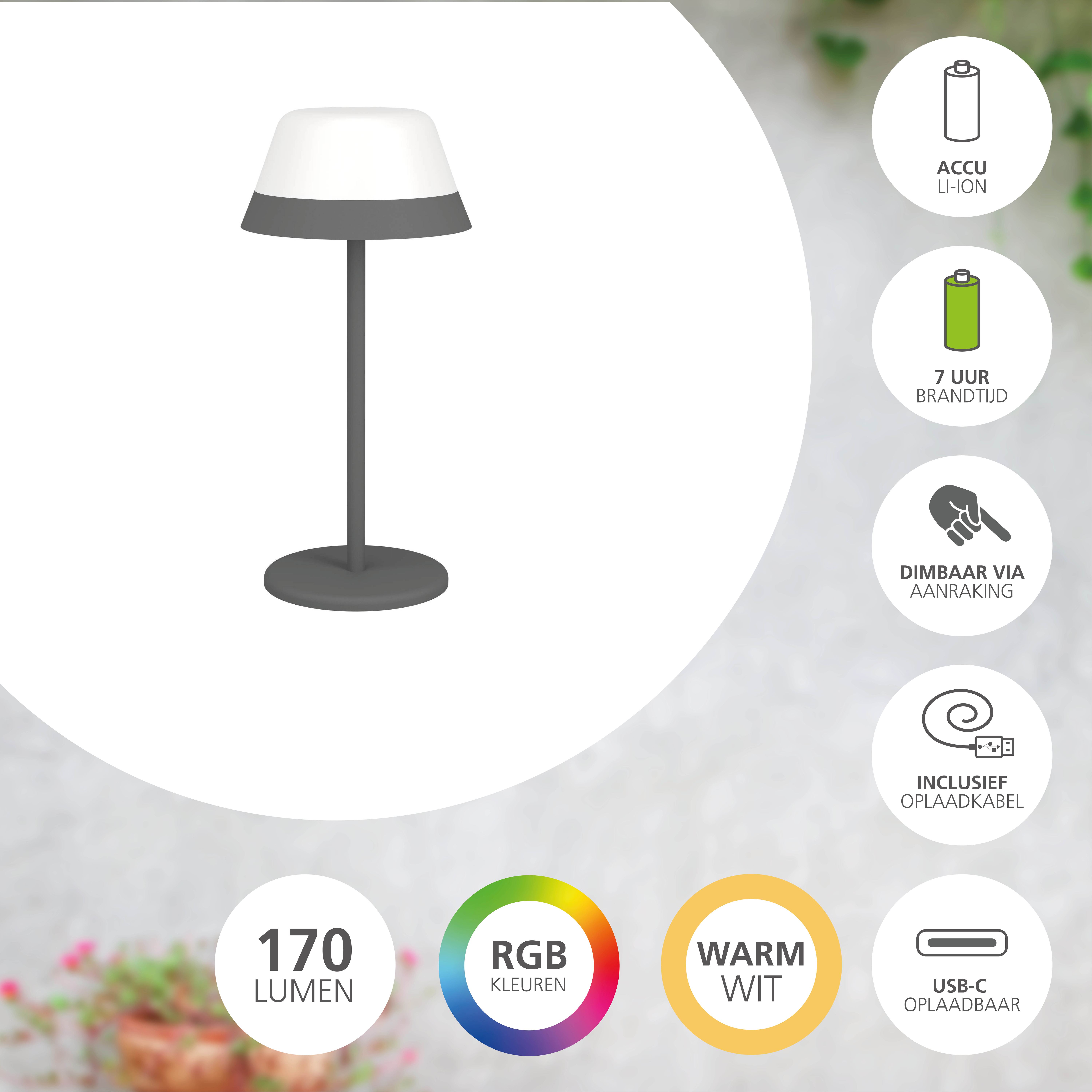 Eine moderne Lampe mit weißem Schirm und grauem Sockel. Info-Icons rechts zeigen Funktionen wie USB-C-Laden an.