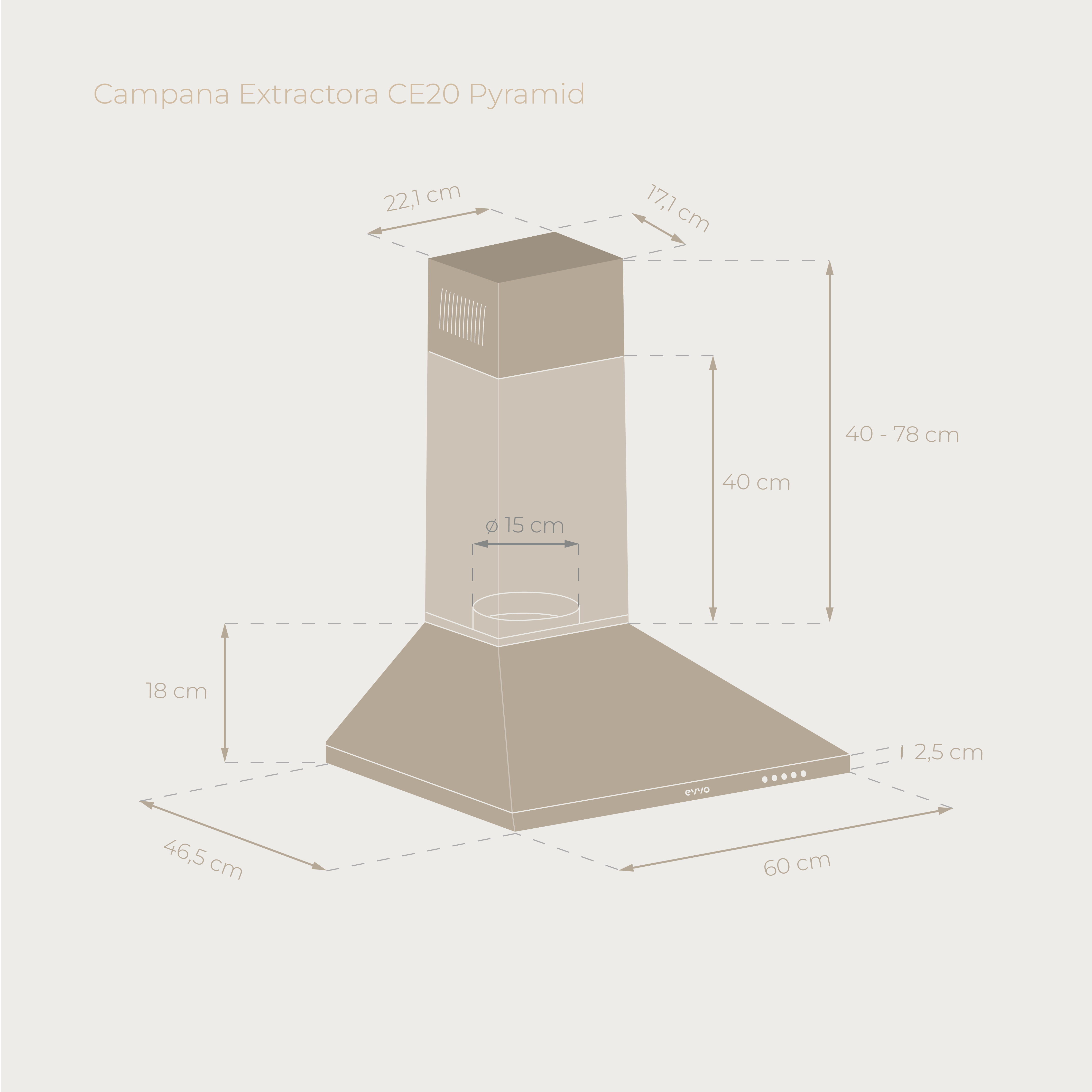 Una campana extractora beige con dimensiones etiquetadas. La campana está etiquetada como 'Campana Extractora CE20 Pyramid'.