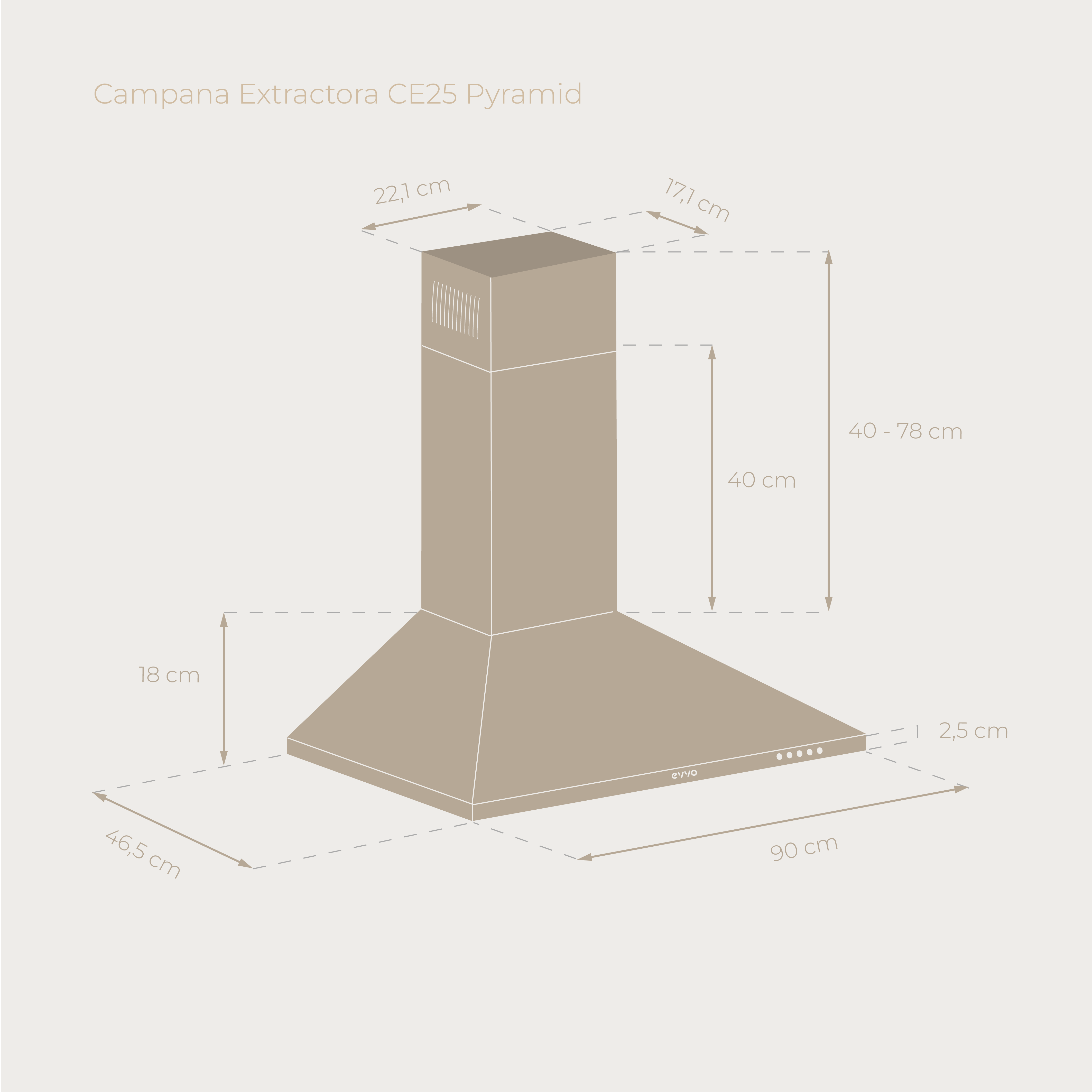 Un diagramma di una cappa da cucina con dimensioni in centimetri. La cappa è marrone chiaro.