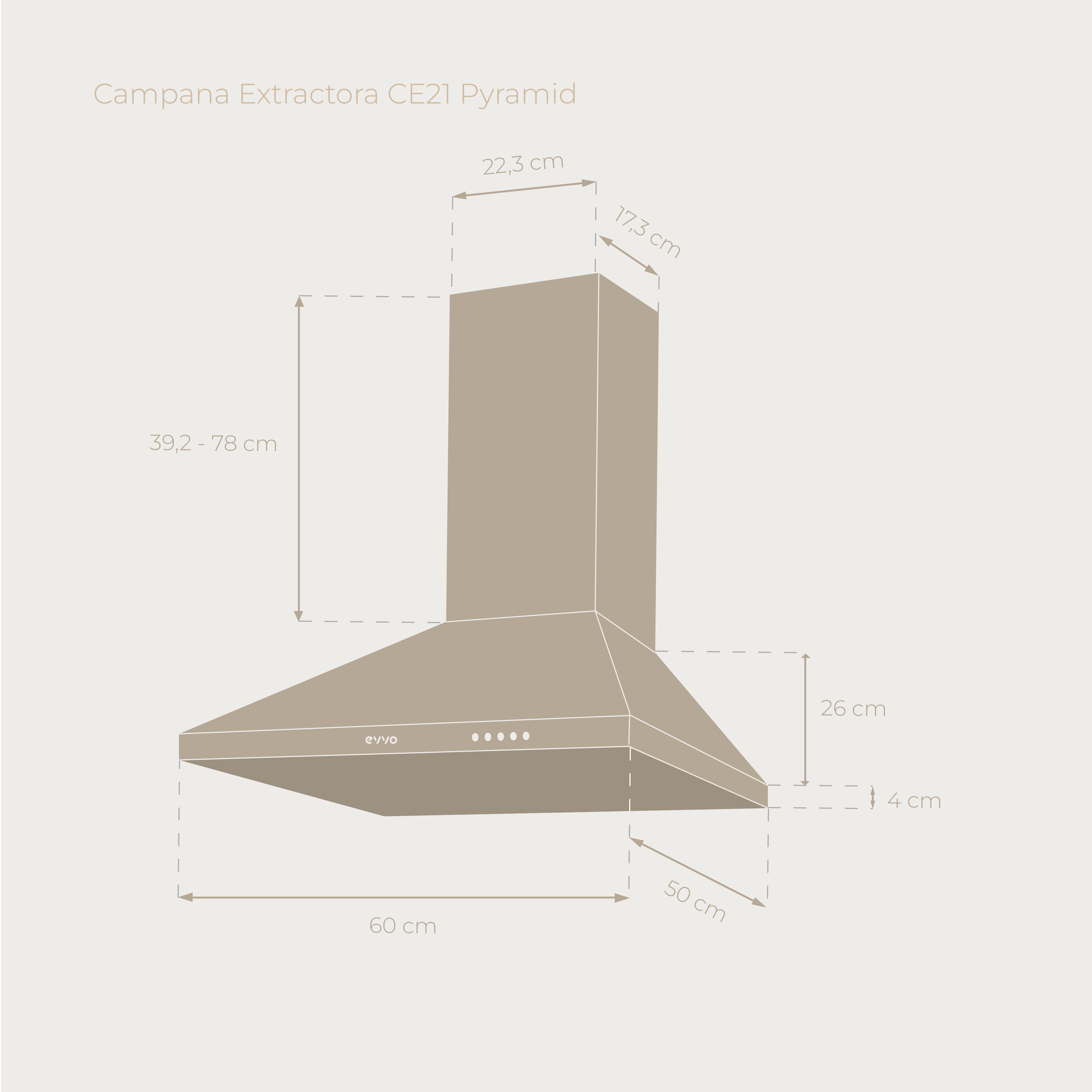 Diagrama de una campana extractora de cocina en forma de pirámide con dimensiones en cm. Es beige sobre fondo beige.