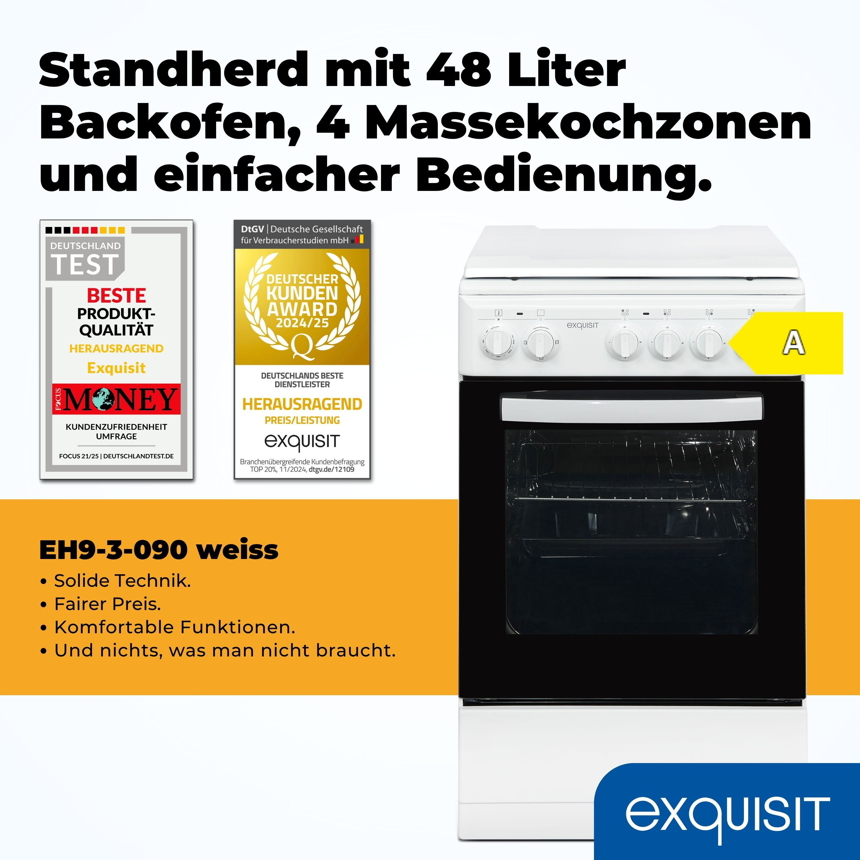 Weißer Exquisit-Herd mit Backofen. Er hat vier Kochzonen, eine schwarze Ofentür und Auszeichnungen.