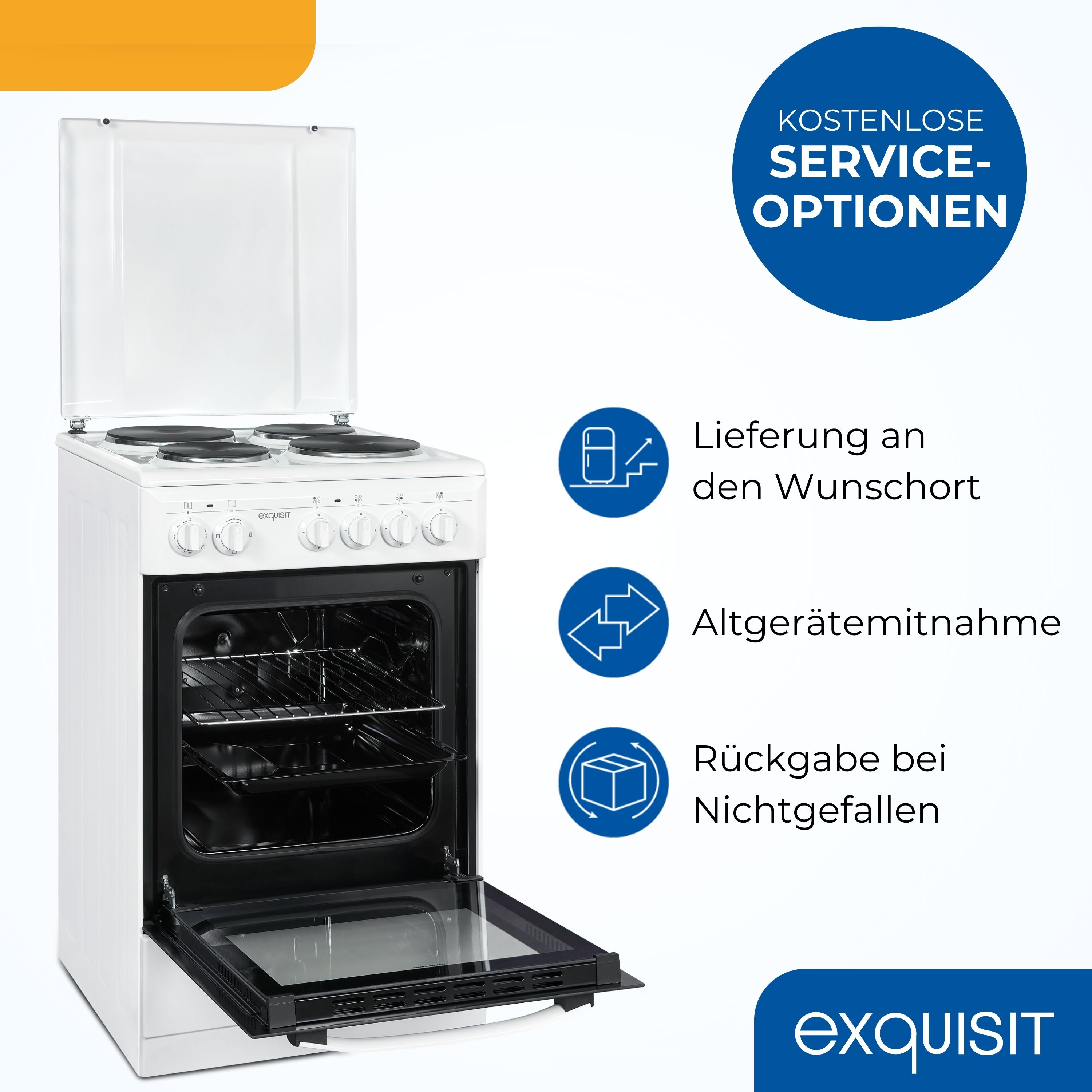 Ein weißer Exquisit-Herd mit geöffneter Backofentür. Das Bild zeigt auch Serviceoptionen und das Exquisit-Logo.
