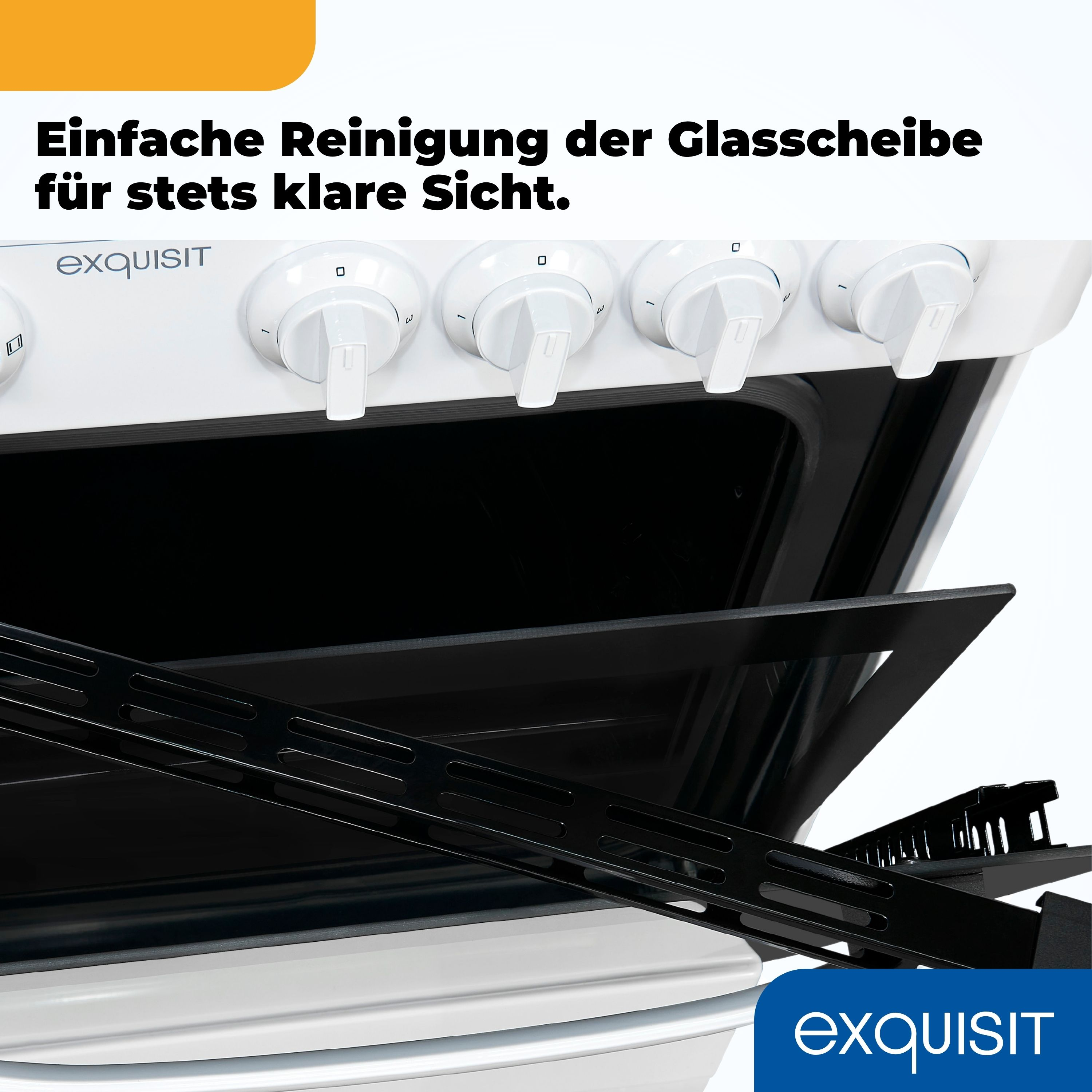 Backofeninnenraum mit schwarzem Rost, weißen Knöpfen und Tür. Text: Einfache Reinigung für klare Sicht.