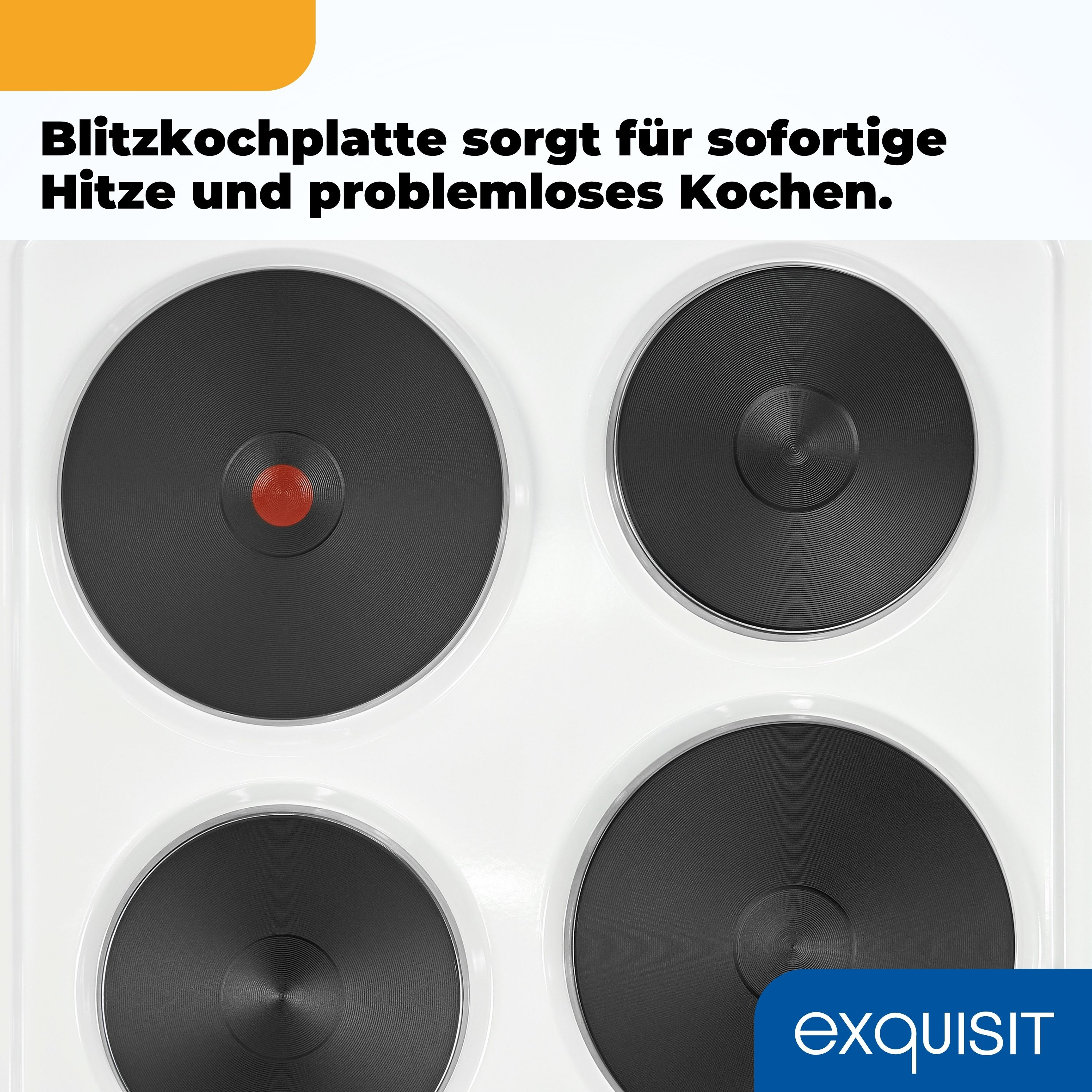 Nahaufnahme eines weißen Kochfelds mit vier schwarzen runden Brennern. Der obere linke Brenner hat einen roten Mittelpunkt.