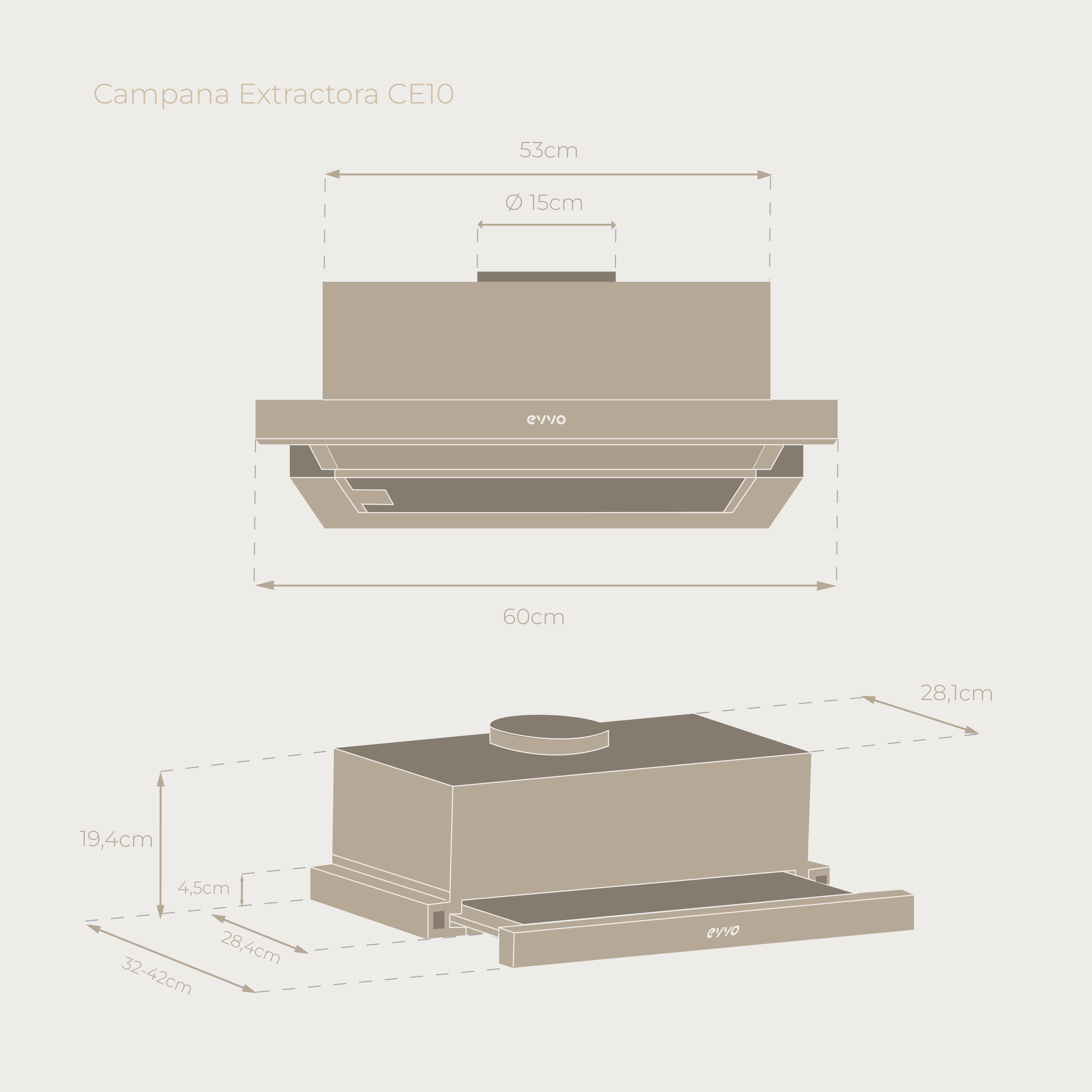 Diagrama de una campana extractora de cocina con dimensiones. El ventilador es beige, con medidas en cm.