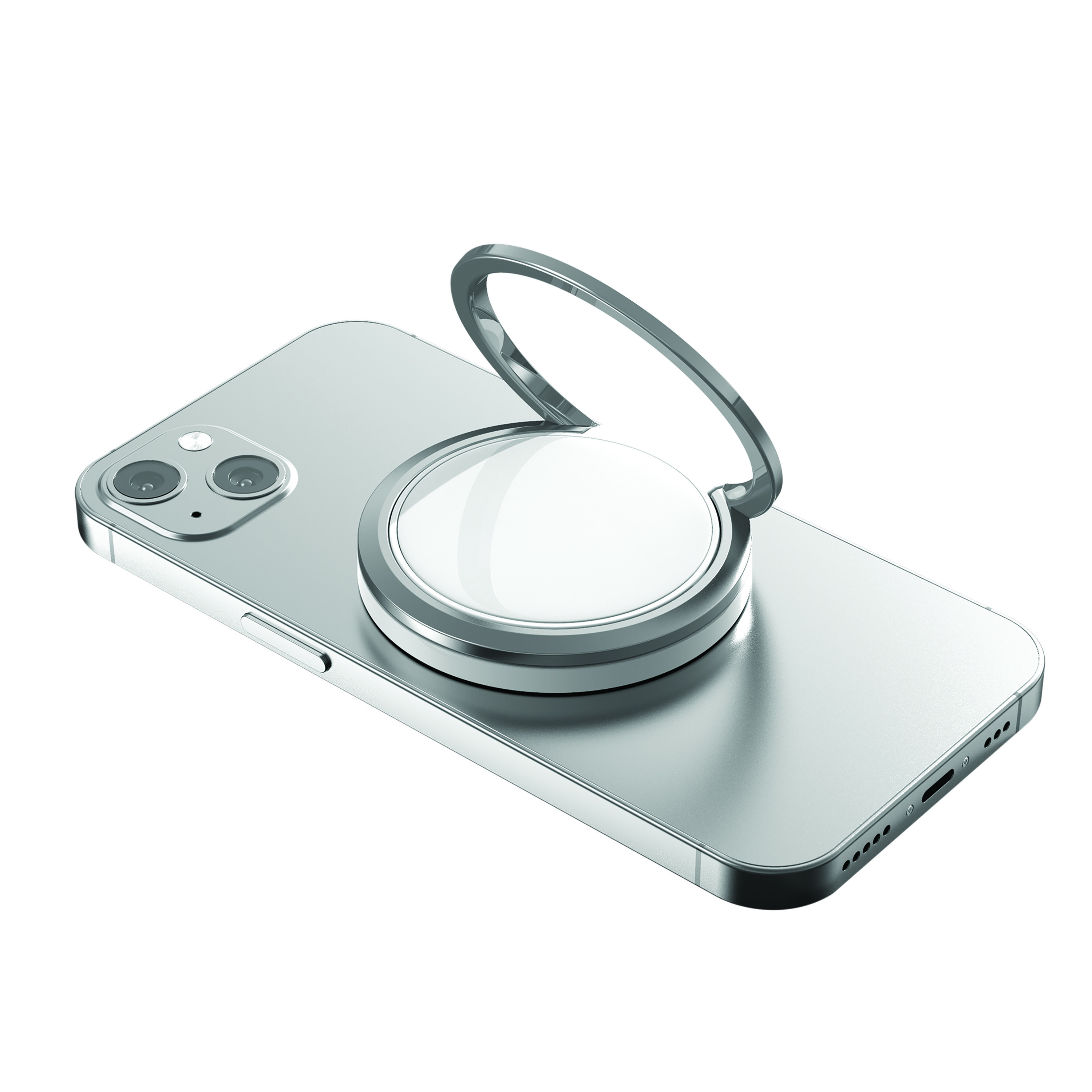 Teléfono plateado con soporte de anillo. Tiene cámara doble y agarre de anillo blanco.