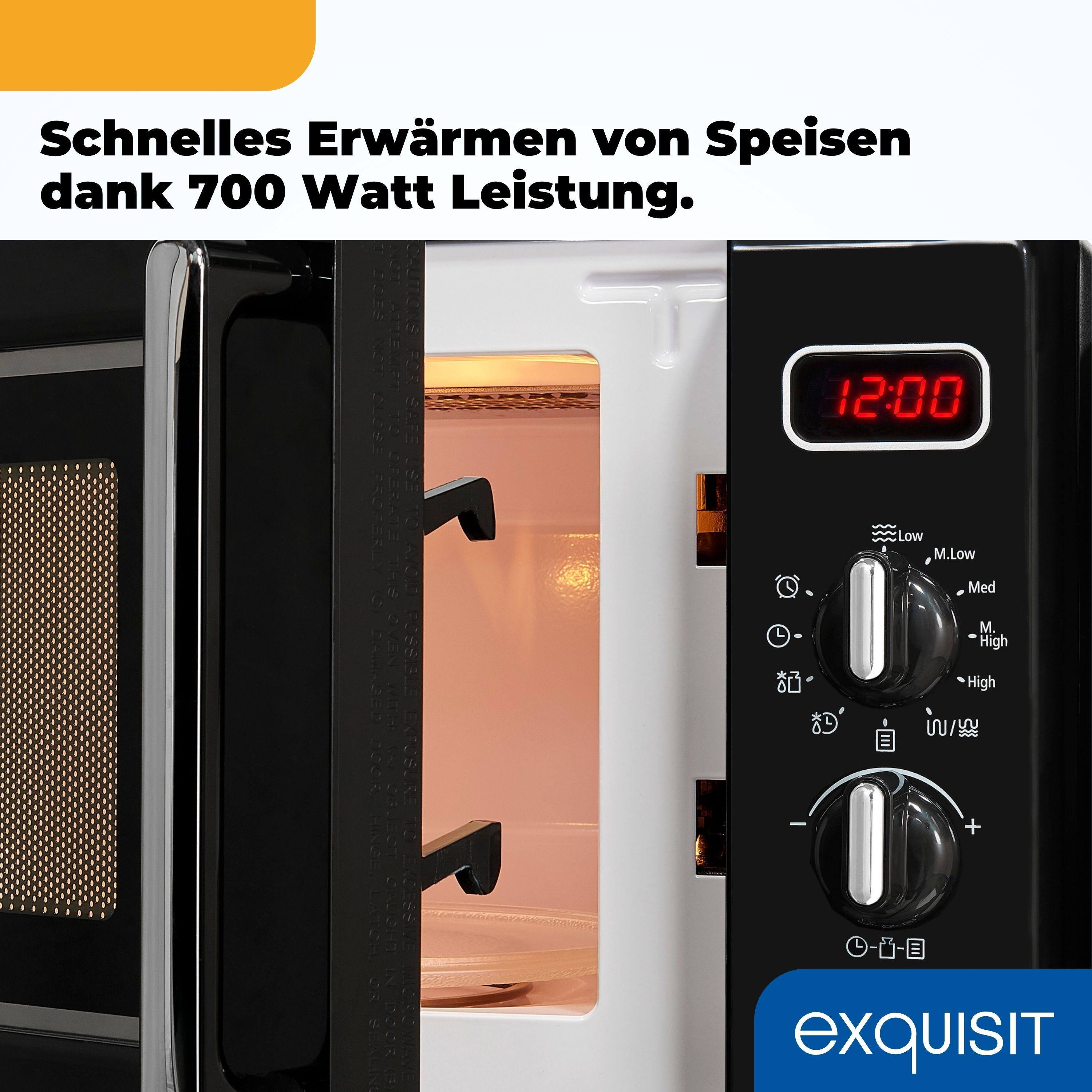 Schwarzer Mikrowellenherd mit Digitaluhr, Bedienknöpfen und dem Markennamen 'exquisit' auf der Vorderseite.