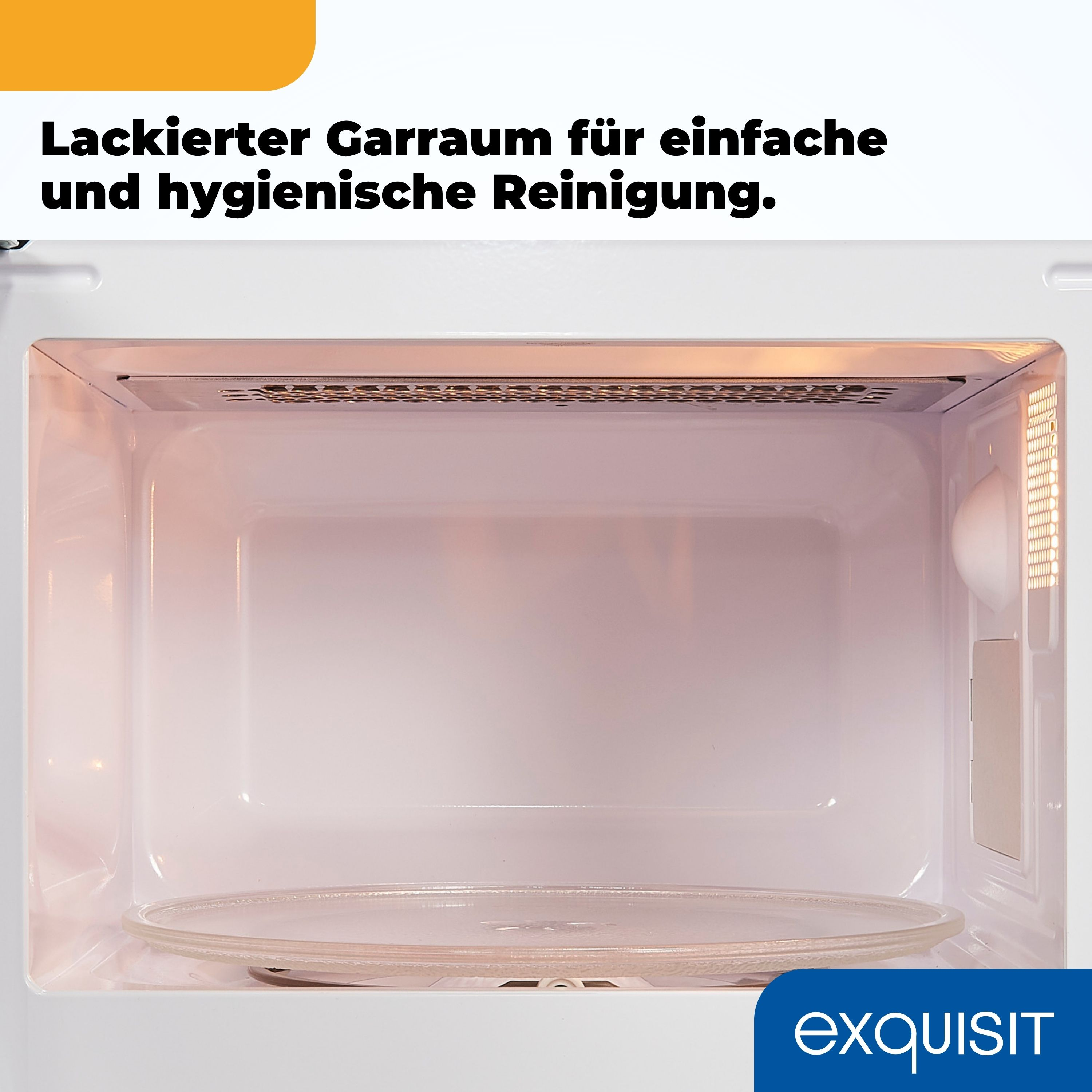 Im Inneren eines Mikrowellenherds mit Glasplatte. Der Innenraum ist weiß mit einem Licht oben.