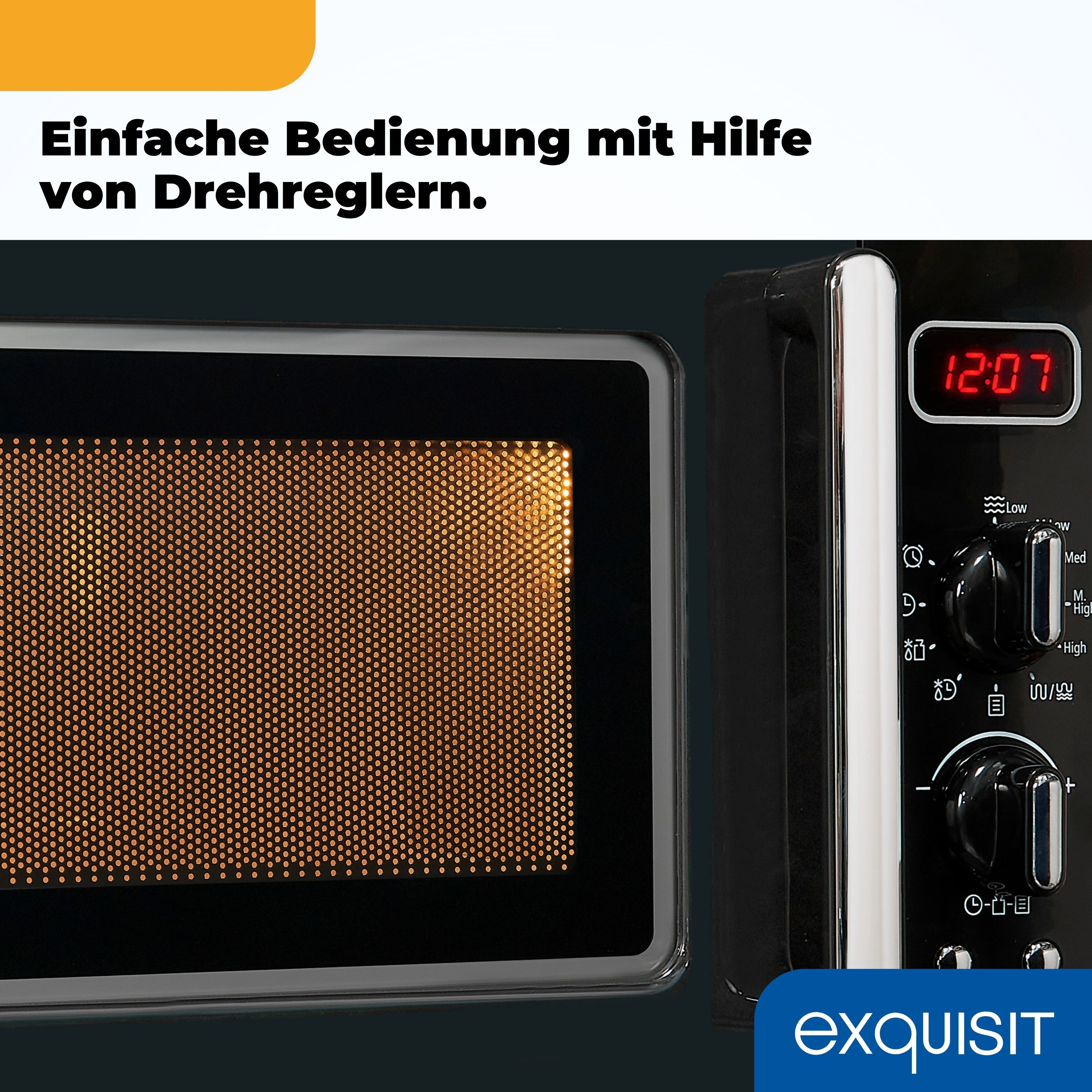 Ein schwarzer Mikrowellenherd mit Glastür. Die Uhrzeit 12:07 wird rot angezeigt.