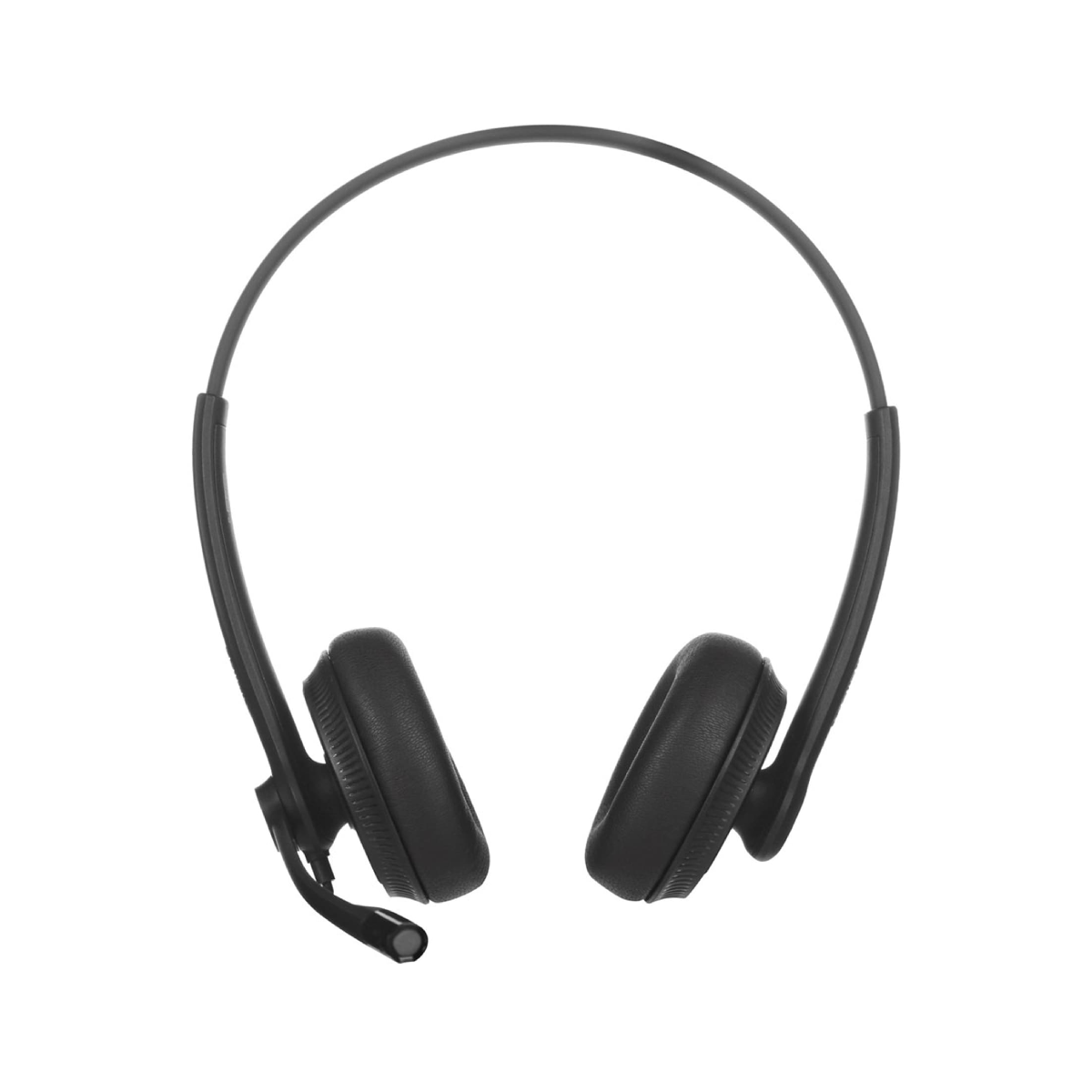 Czarne słuchawki z dwoma nausznikami i mikrofonem na białym tle. Pałąk nagłowny wygina się ku górze.