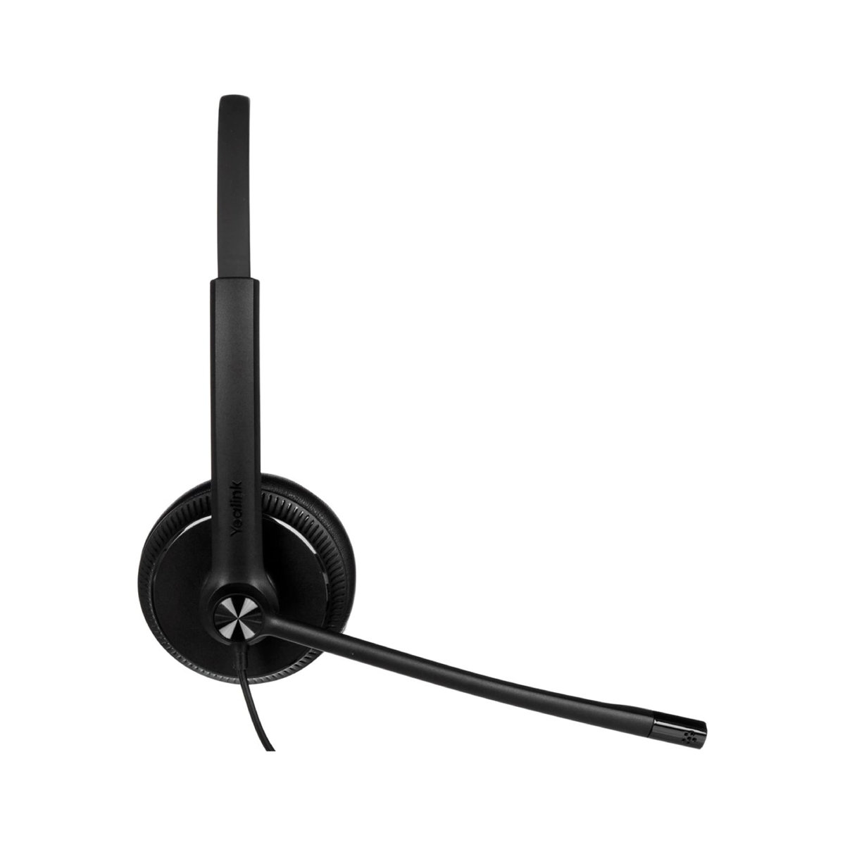 Czarny zestaw słuchawkowy Yealink jest wyświetlany na białym tle. Zestaw słuchawkowy ma regulowany pałąk, słuchawkę i mikrofon.