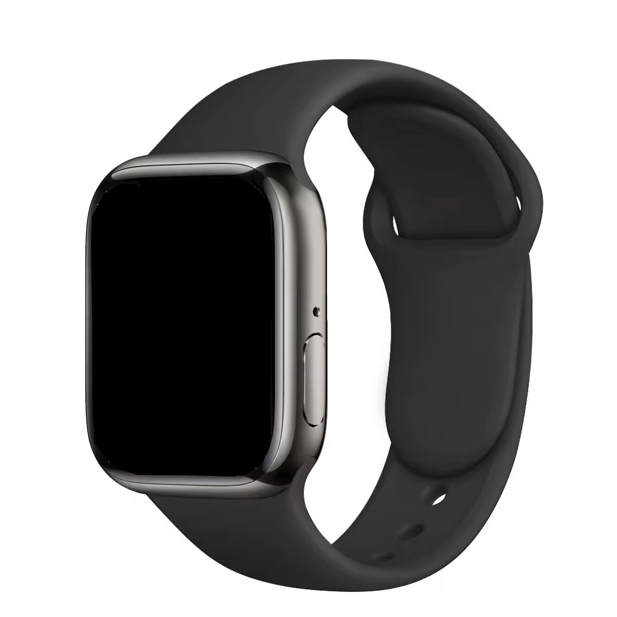 Un reloj inteligente con pantalla negra y correa gris oscura. La caja del reloj es gris metálico y la correa es de color liso y uniforme.