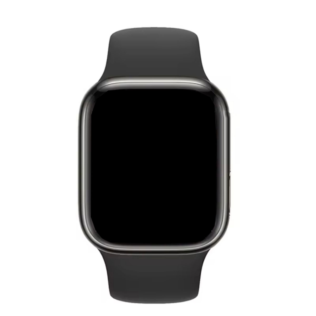 Un reloj inteligente negro con pantalla rectangular y correa negra sobre fondo blanco. La pantalla está apagada.