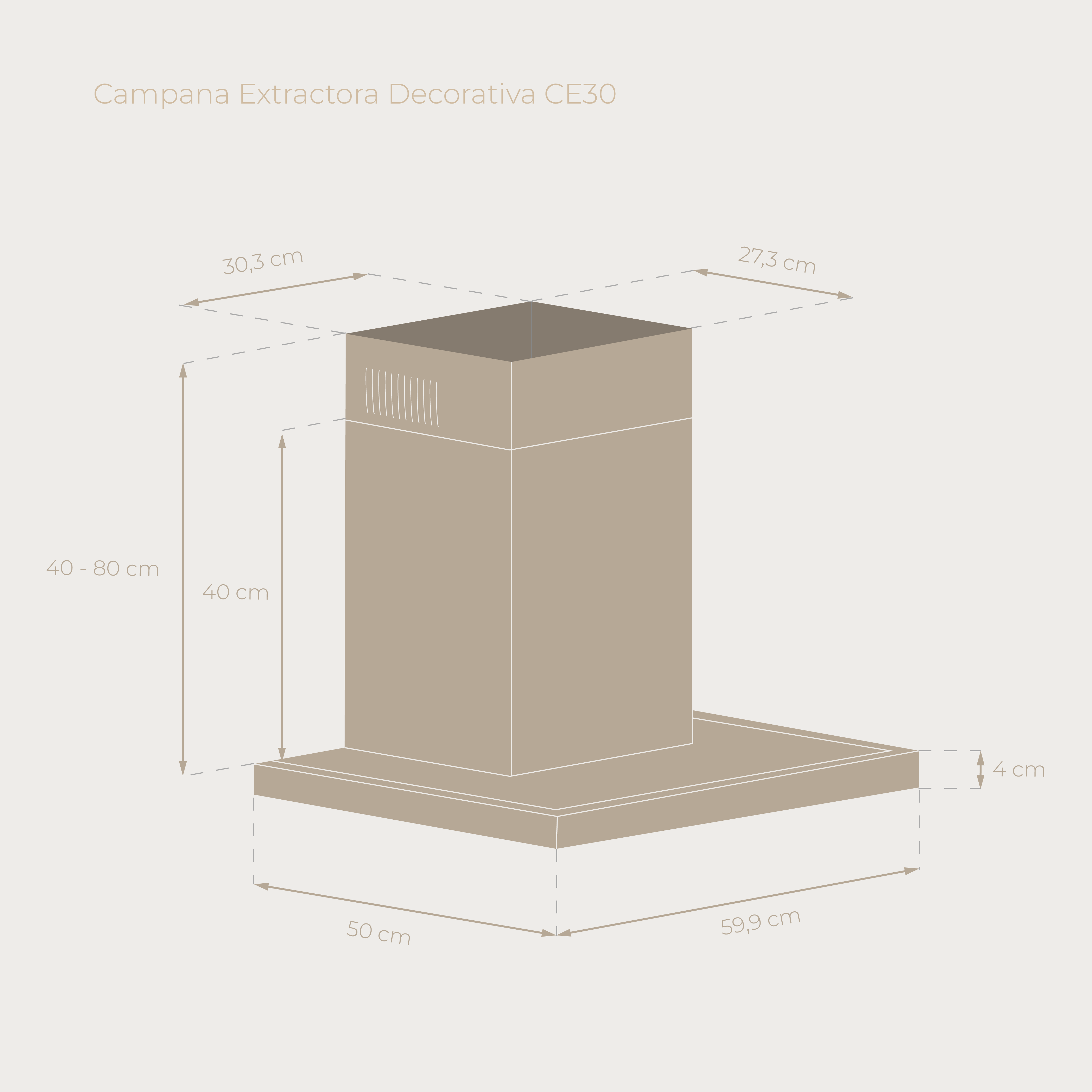 Una cappa beige con dimensioni etichettate. Ha una base rettangolare e un camino alto e quadrato.