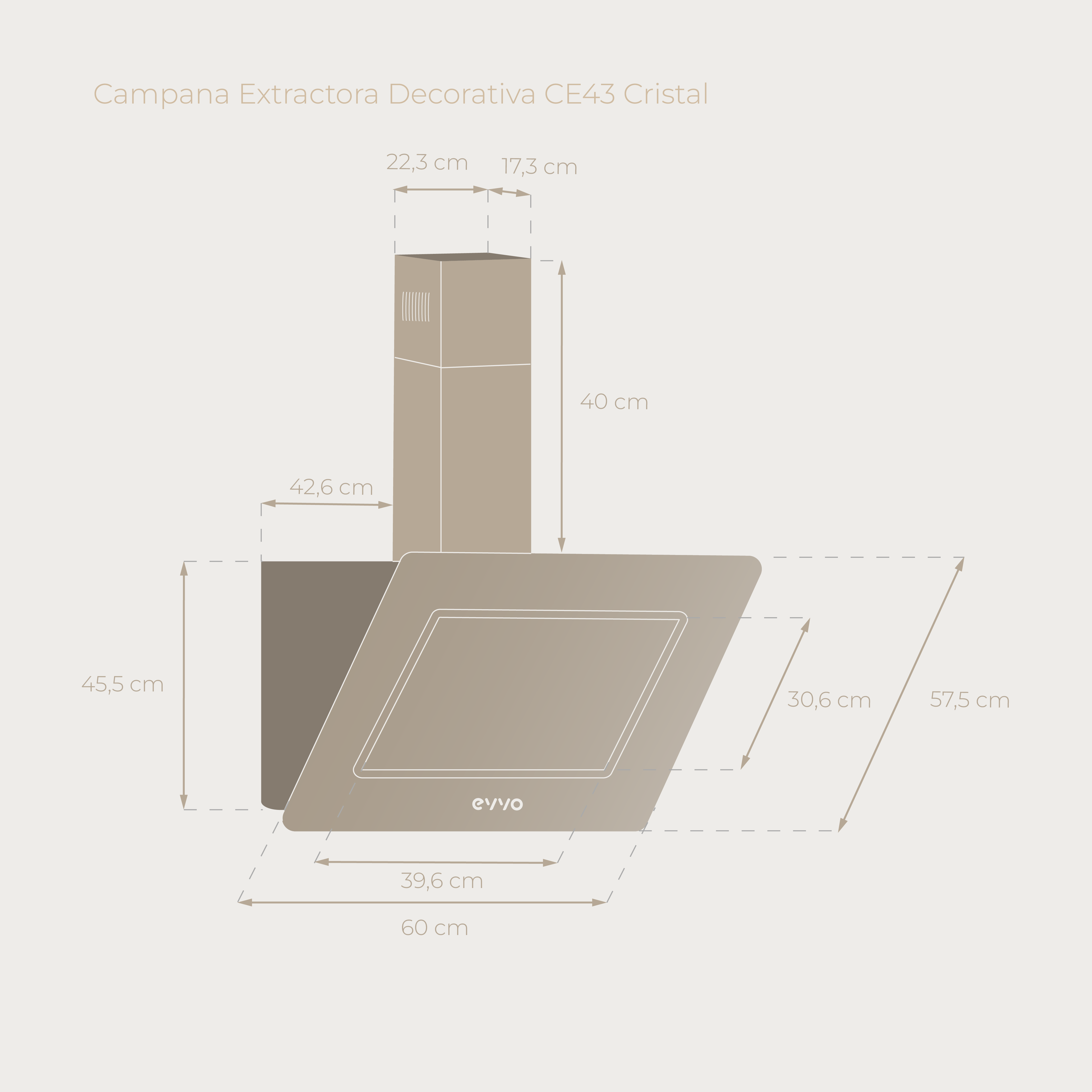 Cappa aspirante decorativa. Beige, con dimensioni. Il marchio 'eyvo' è visibile sulla cappa.