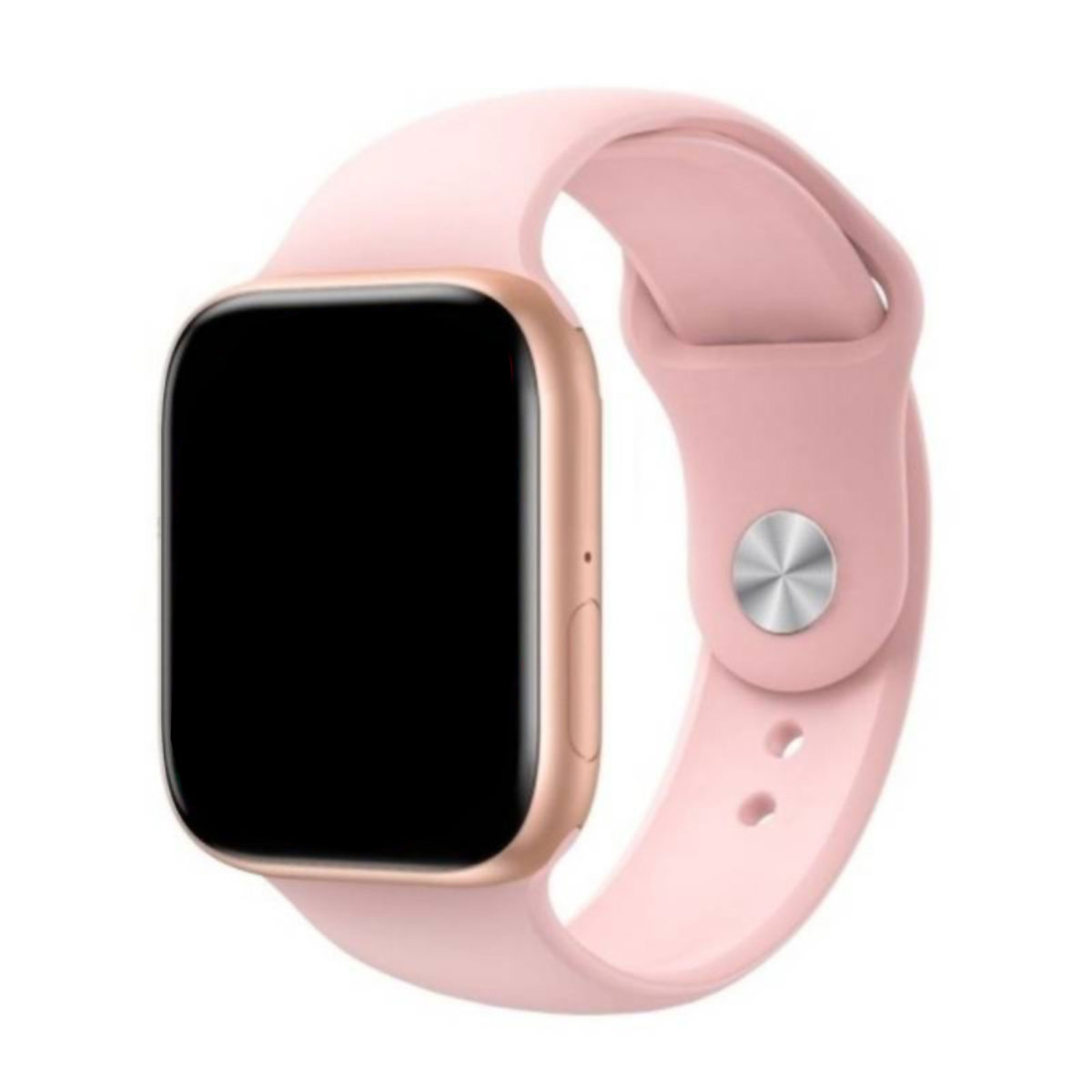 Un reloj inteligente rosa con caja dorada y pantalla negra. La correa es rosa. Un botón plateado está en la correa.