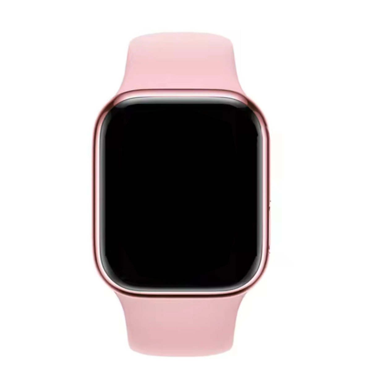 Un reloj inteligente rosa con pantalla negra. El reloj tiene un marco dorado rosa y una correa rosa. El fondo es blanco.