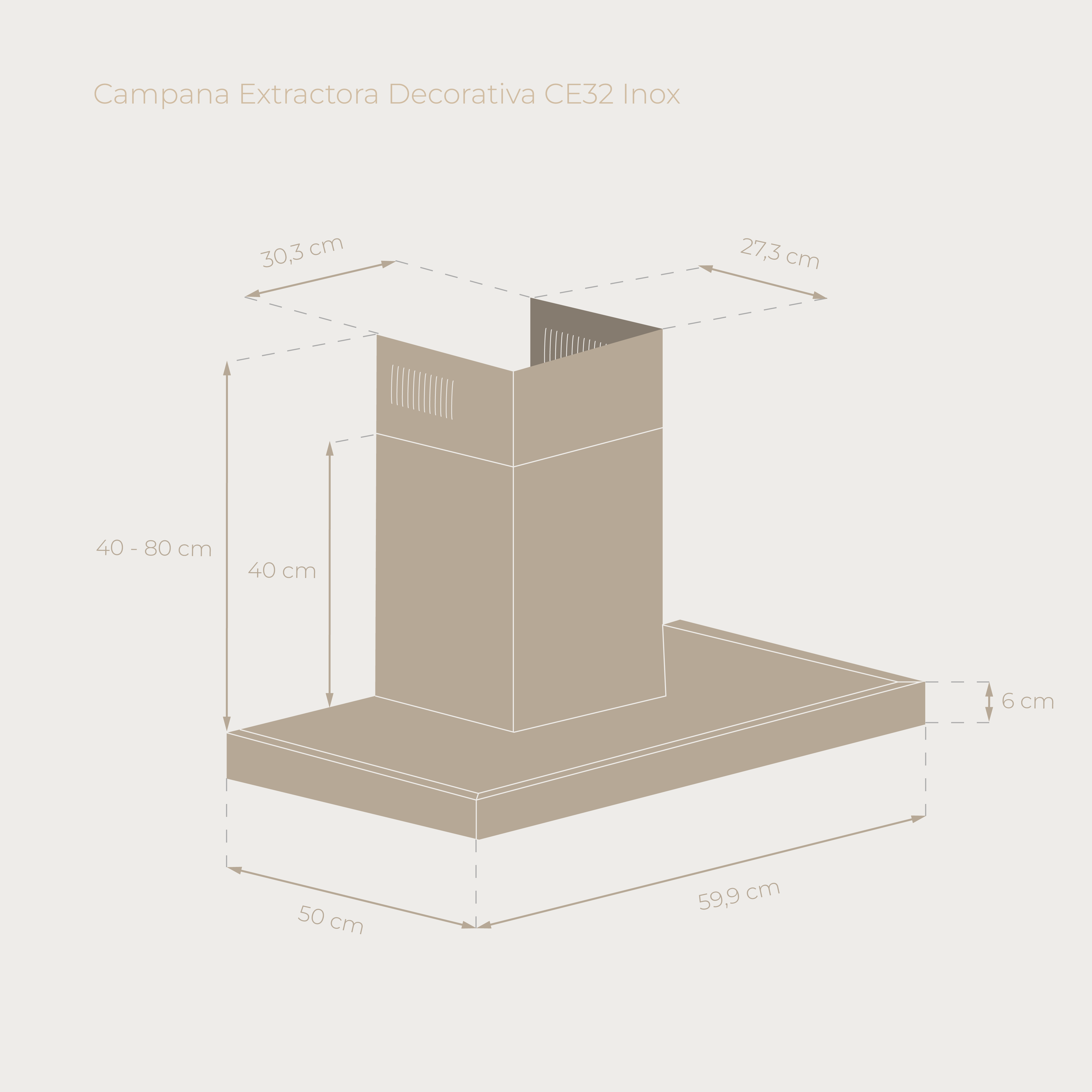 Diagramma di una cappa in acciaio inossidabile con dimensioni in cm. Sfondo beige.