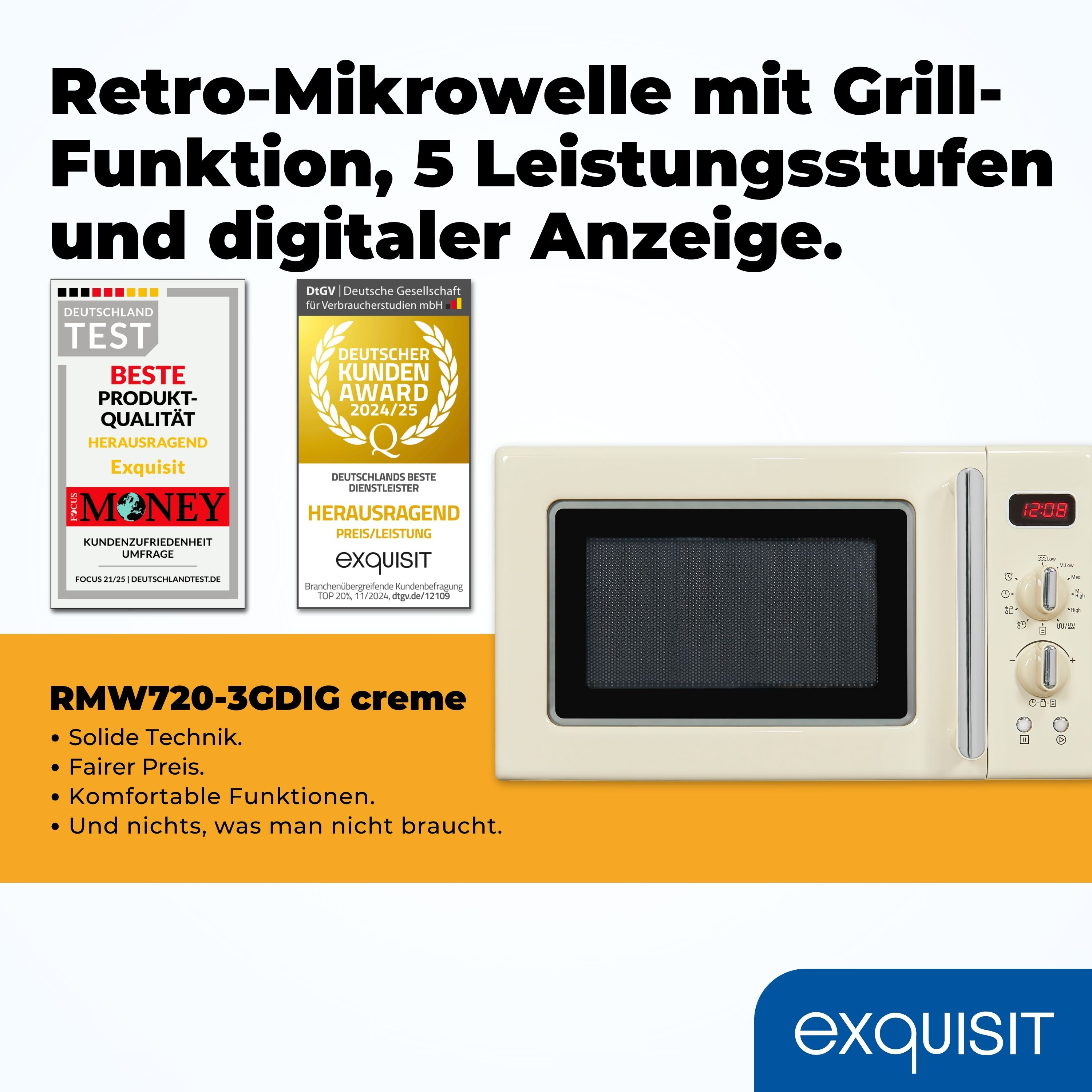 Cremefarbene Mikrowelle mit Digitalanzeige, Auszeichnungen und Text. Die Marke ist Exquisit.
