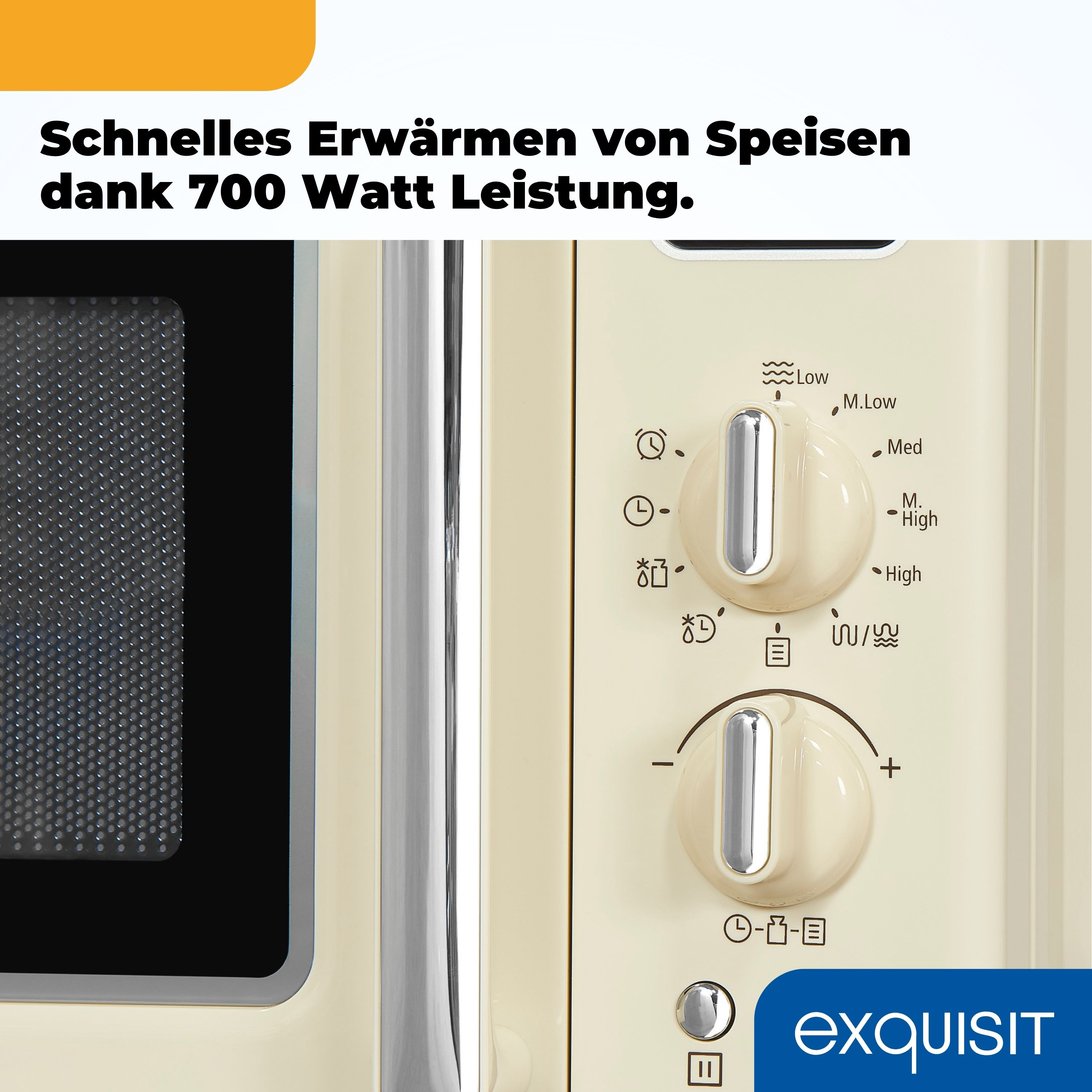 Beige Mikrowelle mit Knöpfen. Links die Tür, rechts Bedienknöpfe, Markenname sichtbar.