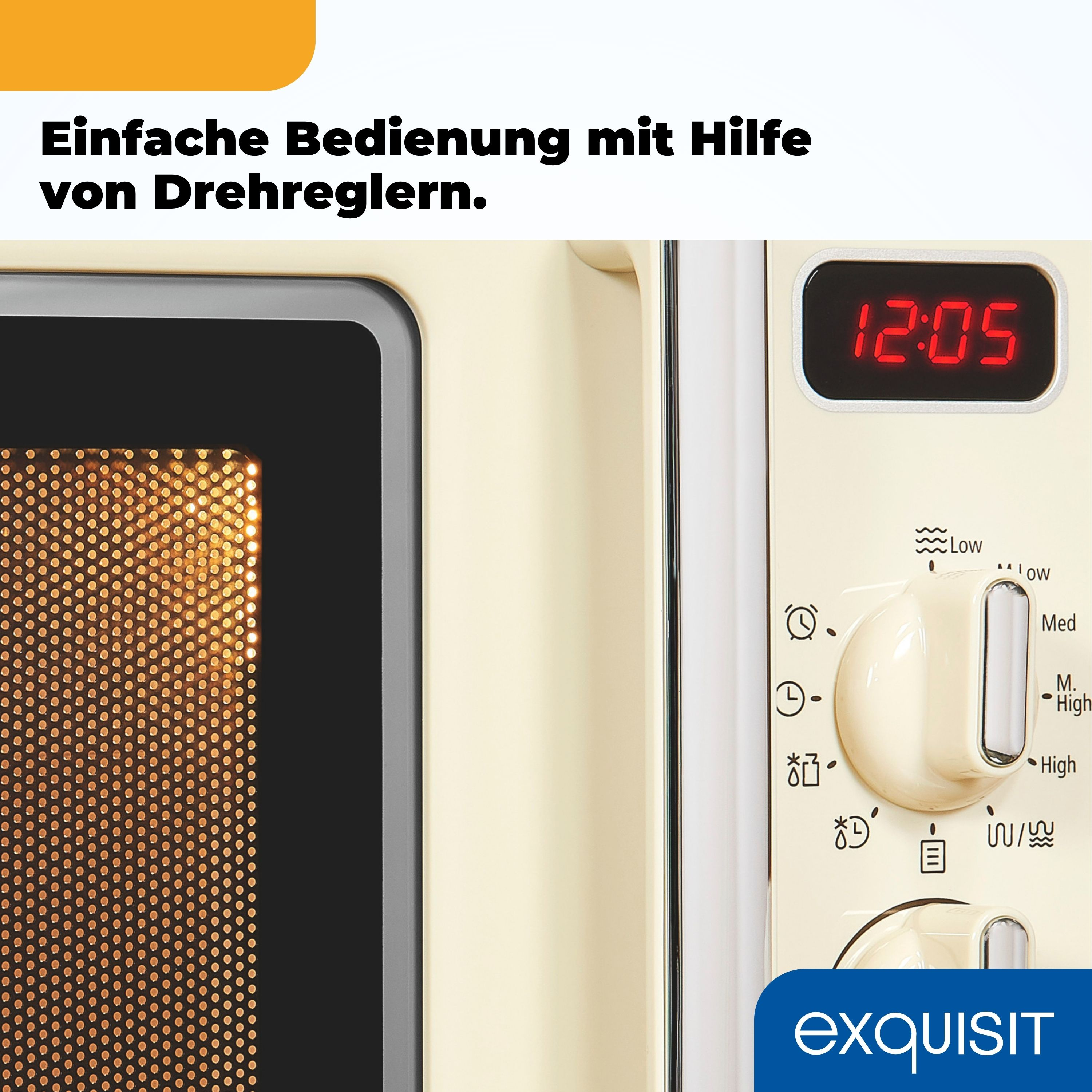 Detail eines Mikrowellenherds: Zeitanzeige, Knöpfe und Innenbeleuchtung. Die Zeit ist 12:05. Creme- und Schwarz-Farbschema.