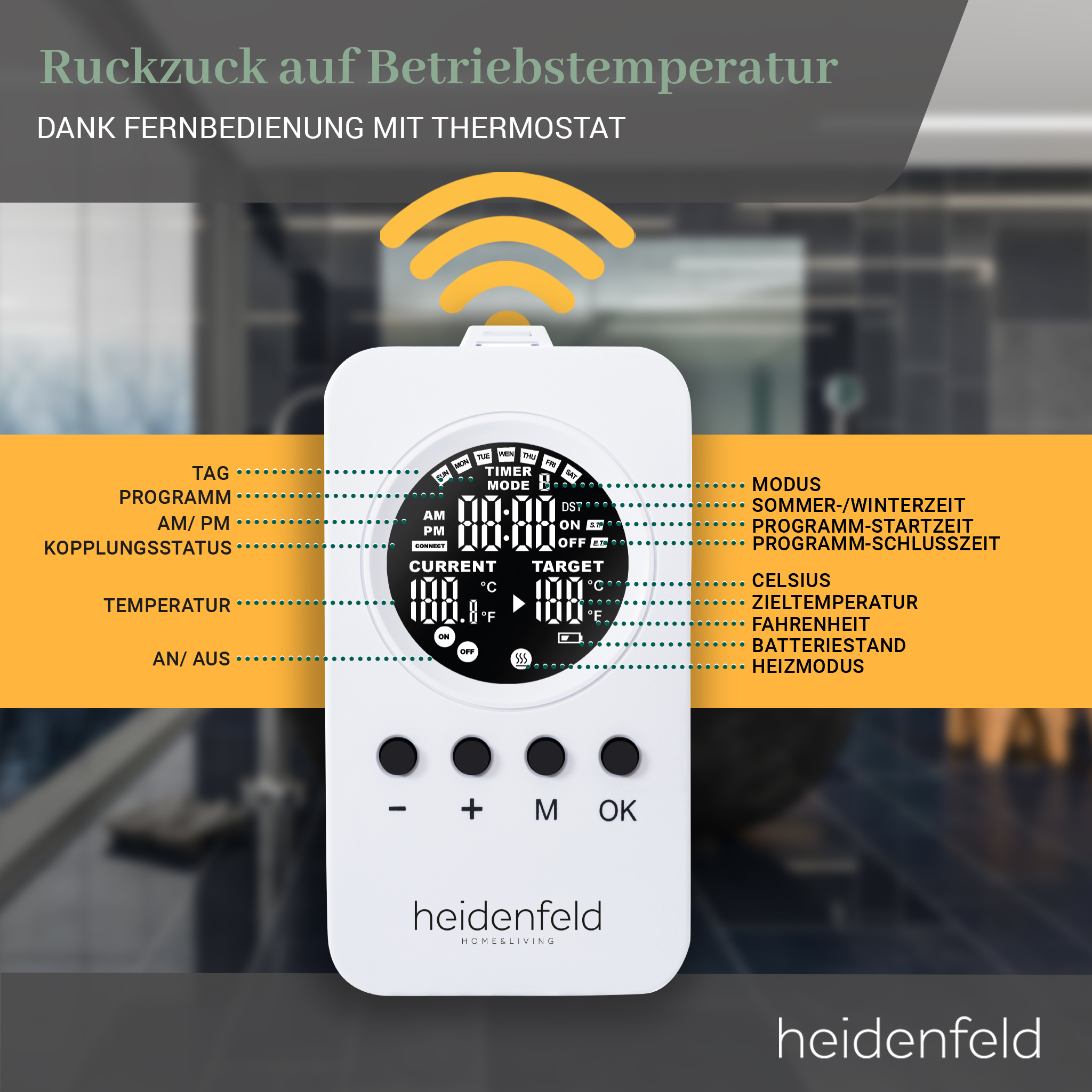 Weißes Thermostat mit Digitalanzeige, die Temperatur und Einstellungen anzeigt. Gelbes Signal oben zeigt eine Verbindung an.