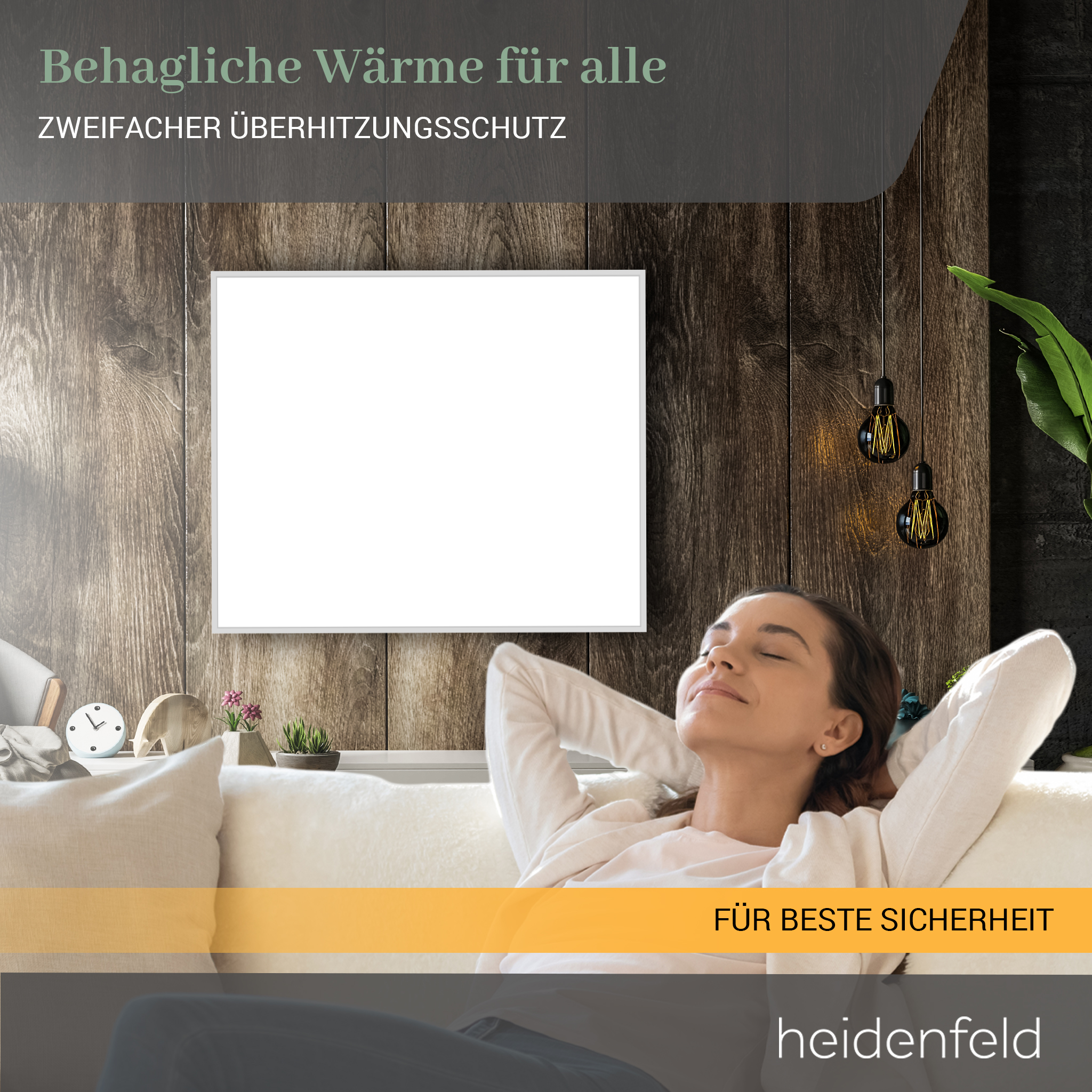 Frau entspannt auf dem Sofa, Augen geschlossen, Hände hinter dem Kopf. Holzwand dahinter, Heizung in der Mitte.