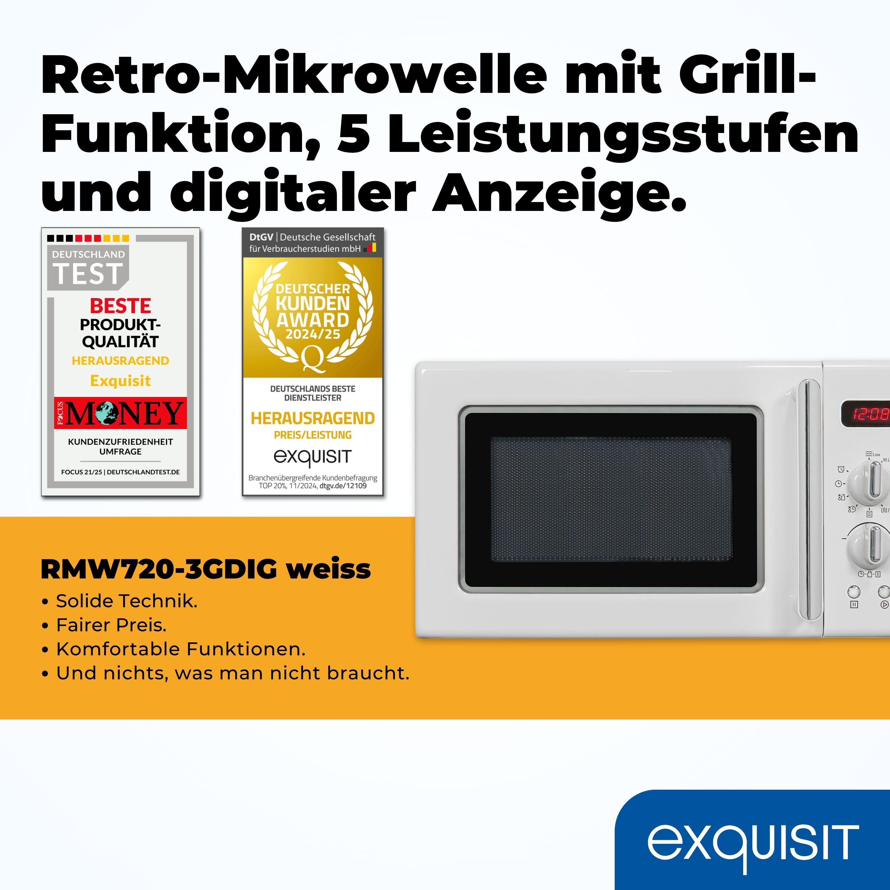 Eine weiße Mikrowelle mit Digitalanzeige. Sie hat Auszeichnungen und Text über Funktionen.