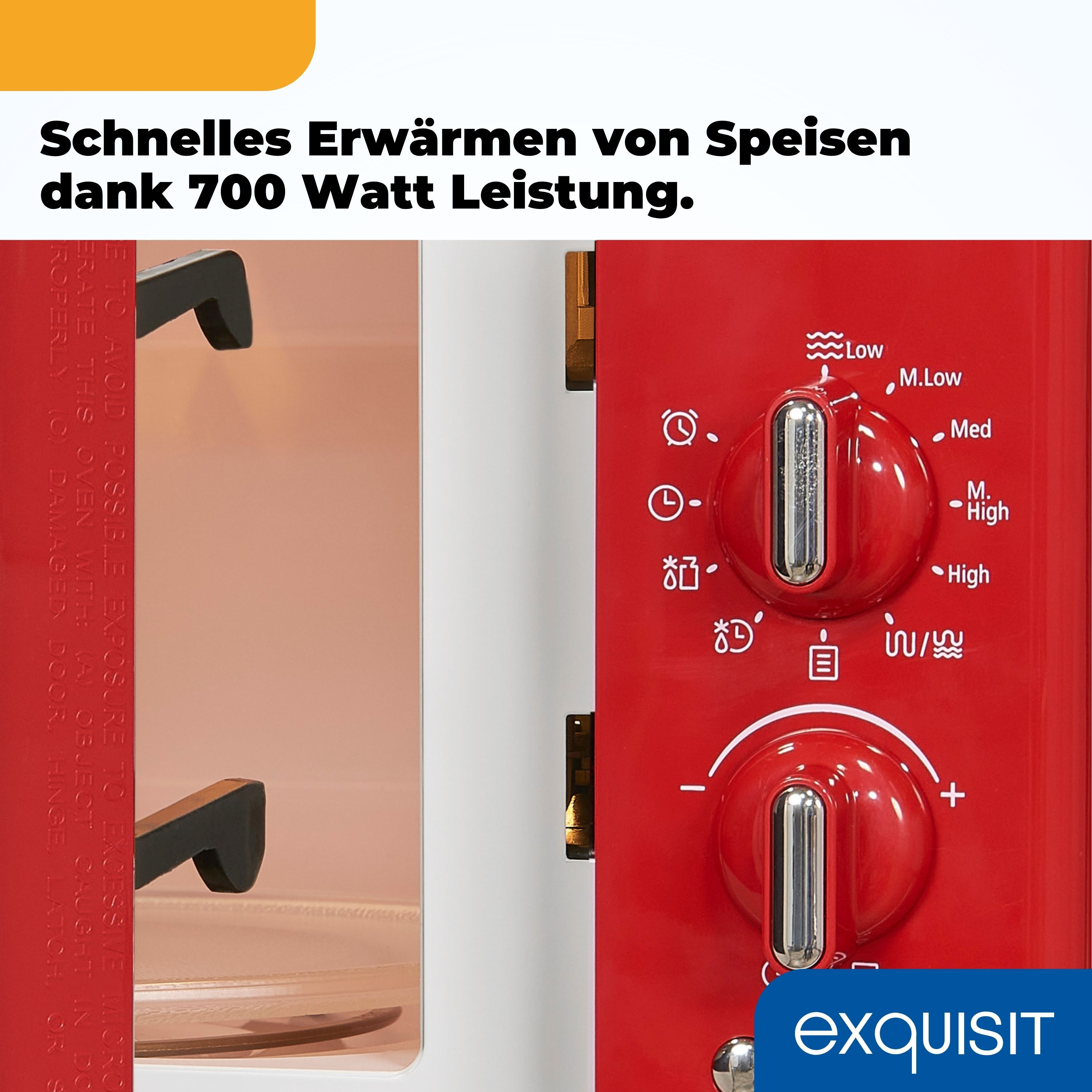Rotes Mikrowellen-Bedienfeld mit Drehreglern. Text lautet 'Schnelles Erwärmen' und 'exquisit'.