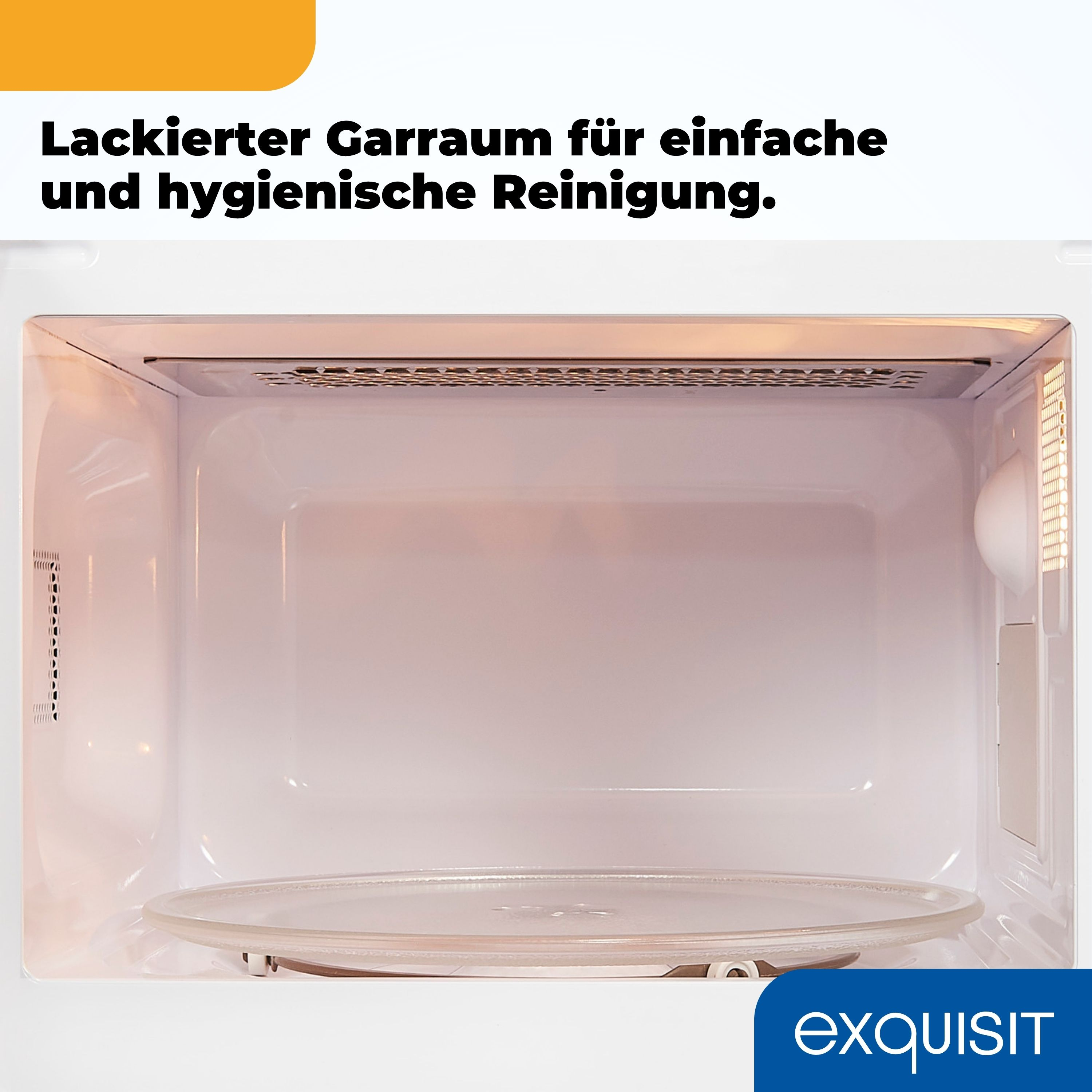 Im Inneren eines Mikrowellenherds ist eine Glasplatte sichtbar. Der Innenraum ist weiß und sauber. Text sagt, es ist leicht zu reinigen.
