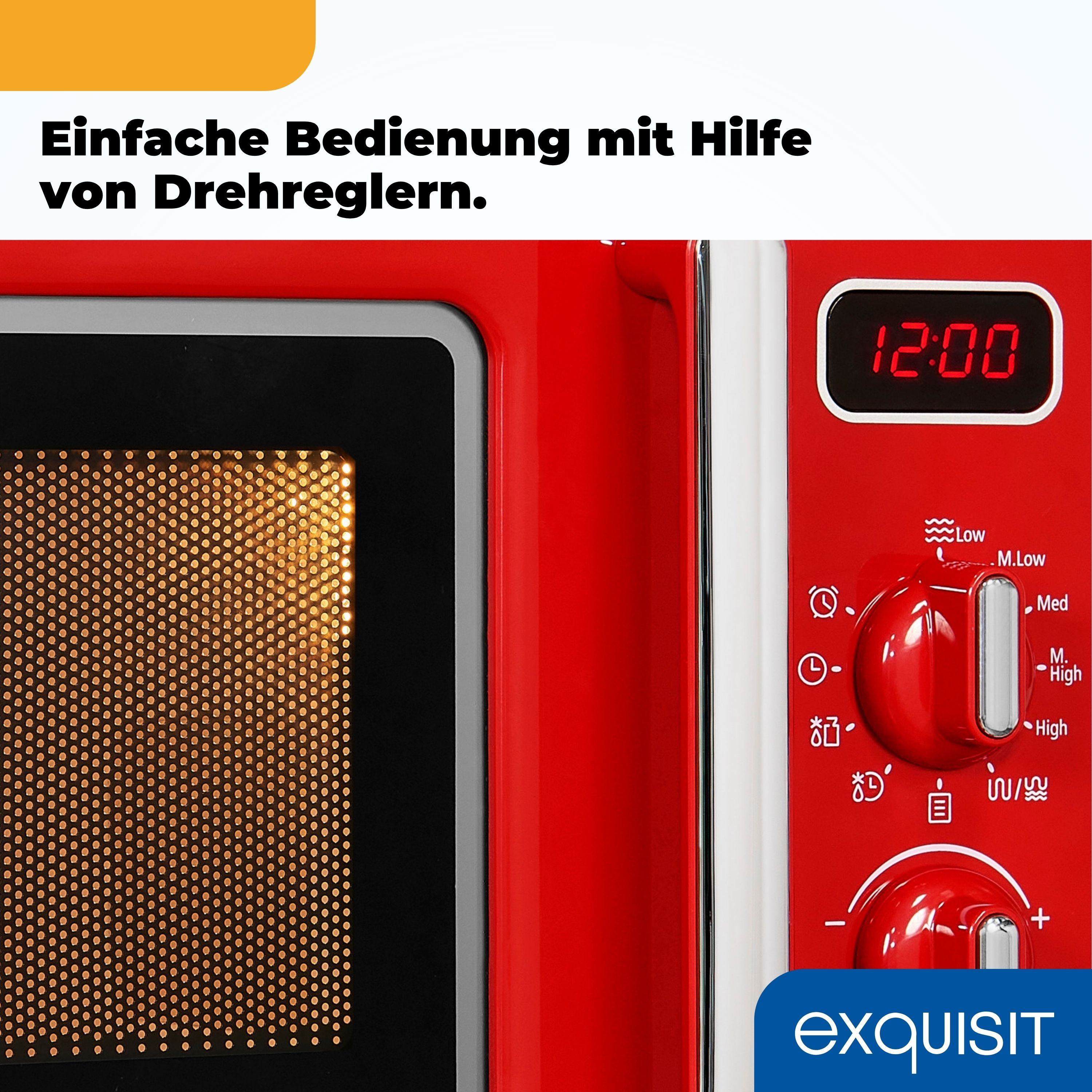 Roter Mikrowelle mit digitaler Uhr, die 12:00 anzeigt. Enthält Drehknöpfe und einen Blick ins Innere.