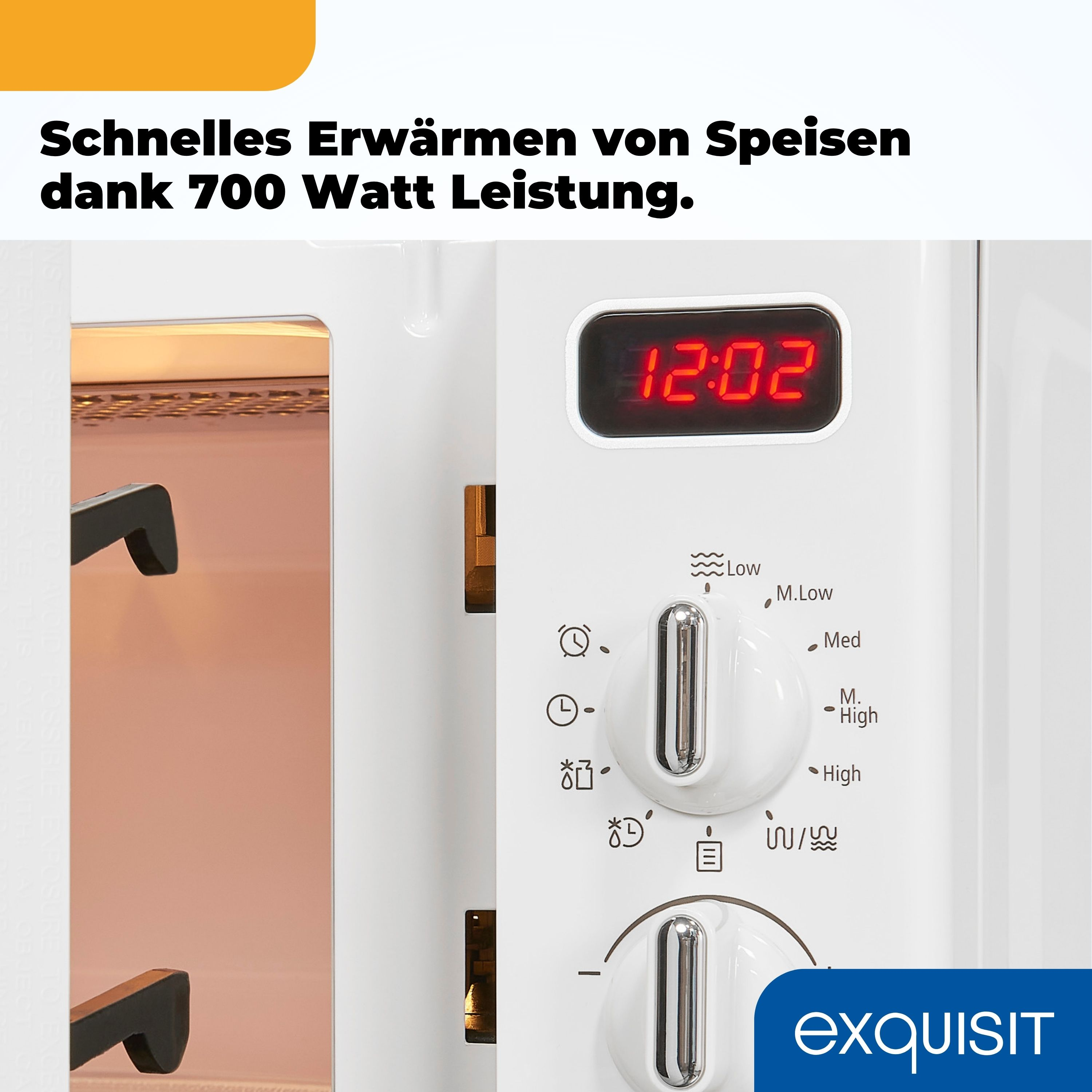 Ein Mikrowellenherd mit Digitaluhr zeigt 12:02 an. Er hat Drehknöpfe und das Markenlogo ist sichtbar.