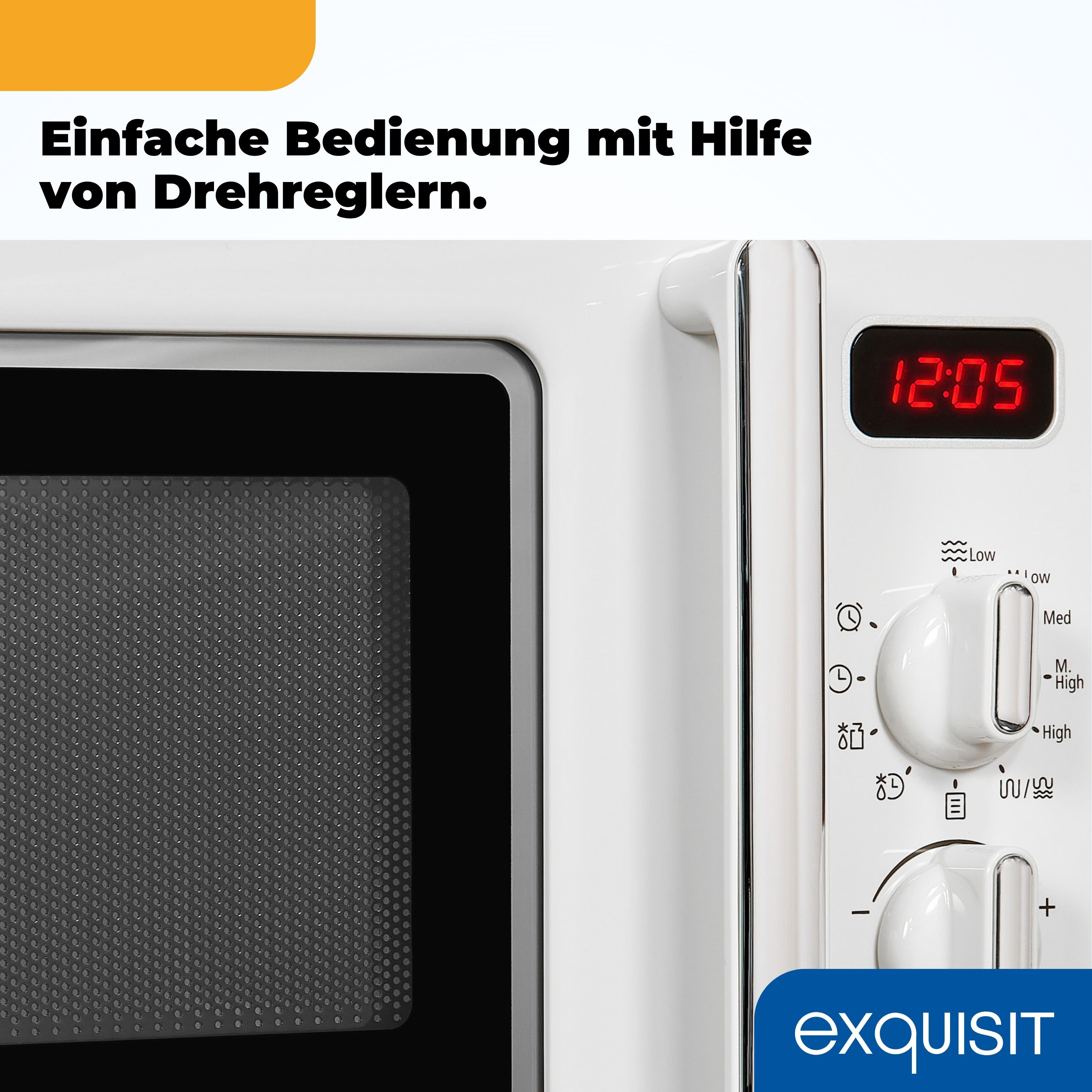 Detail eines Mikrowellenherds. Weißes Gehäuse, schwarze Tür, rote Digitaluhr mit Uhrzeit. Bedienfeld mit Knöpfen.