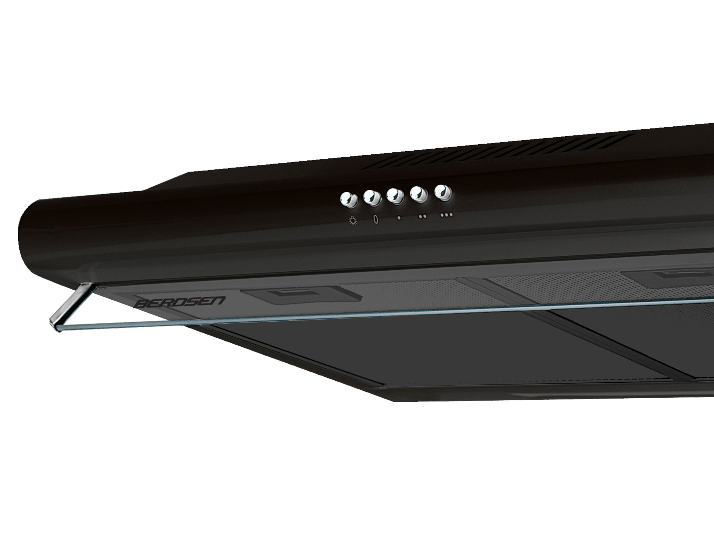 Czarny okap kuchenny ze szklanym wizjerem. Posiada przyciski sterowania i widoczna jest nazwa marki 'BEROSEN'.