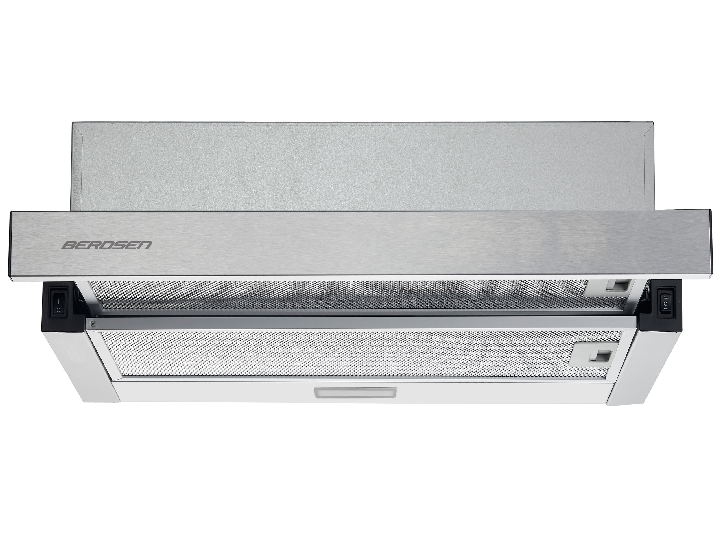 Okap ze stali nierdzewnej z filtrem siatkowym, marką "BEROSEN" i włącznikami zasilania po obu stronach.