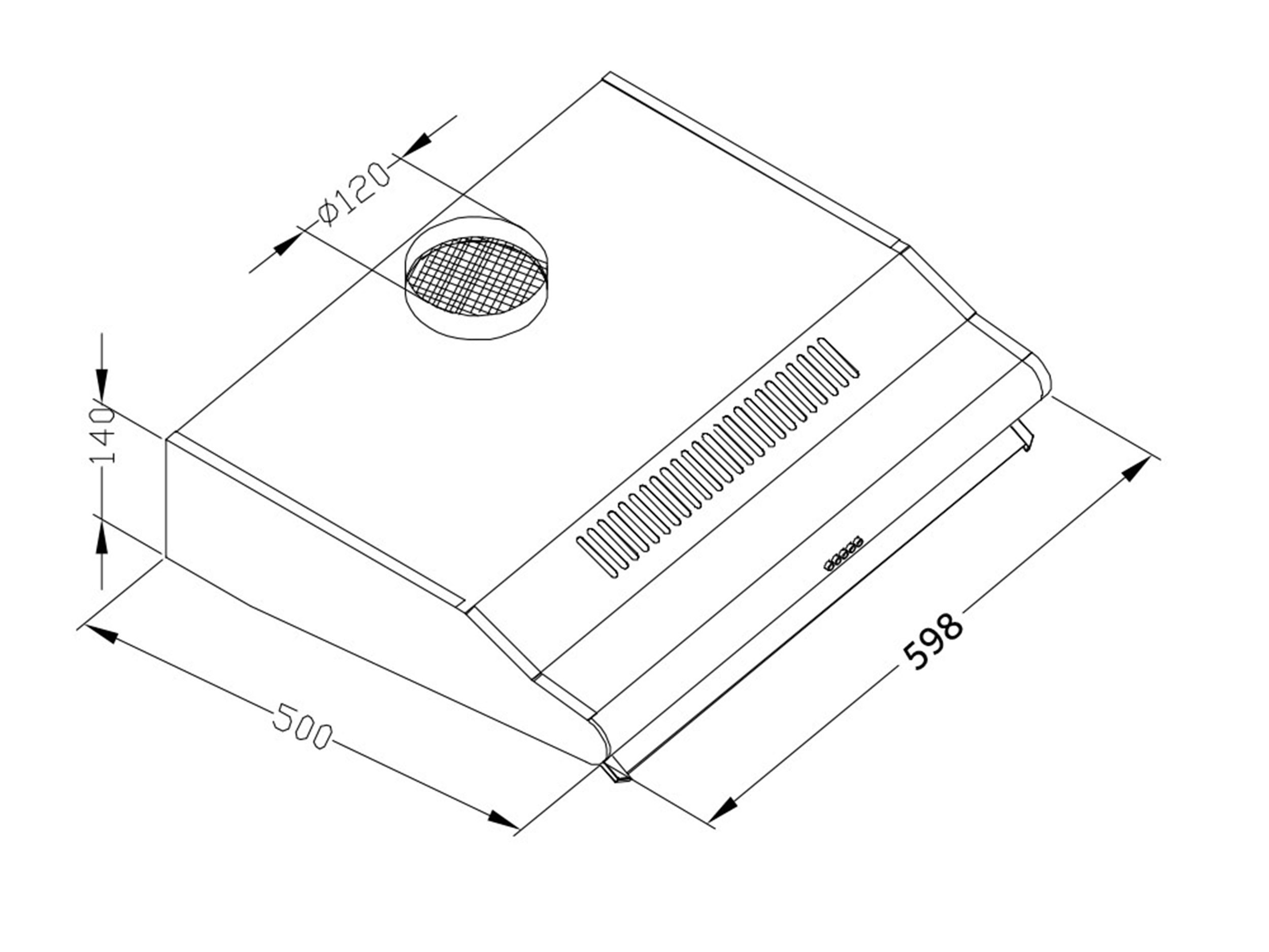 Widok z góry na okap z wymiarami. Posiada okrągły wylot i prostokątny korpus z wylotem.