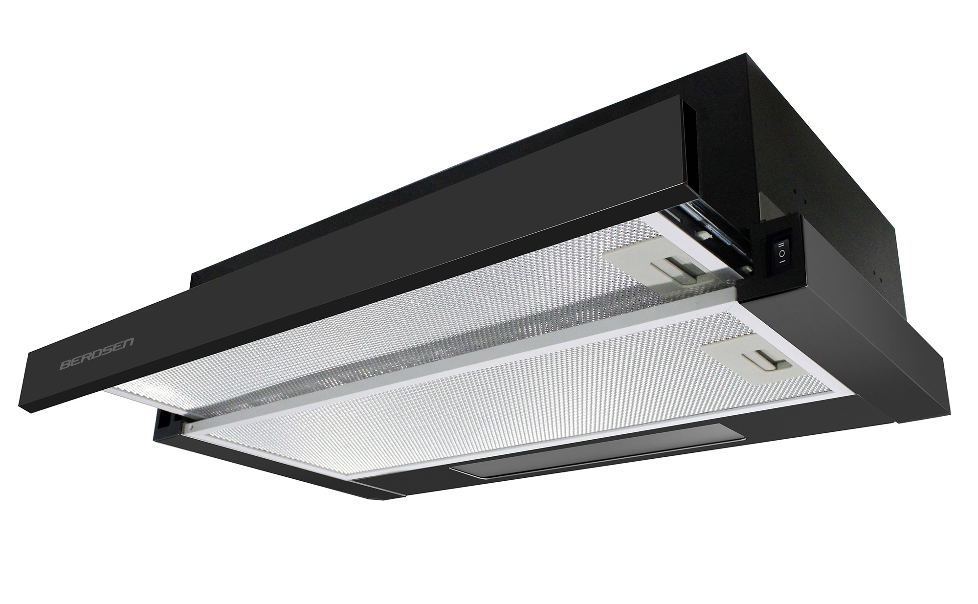 Czarny okap BEROSEN pokazany od dołu. Ma światło i srebrny filtr siatkowy. Widoczny jest przełącznik.