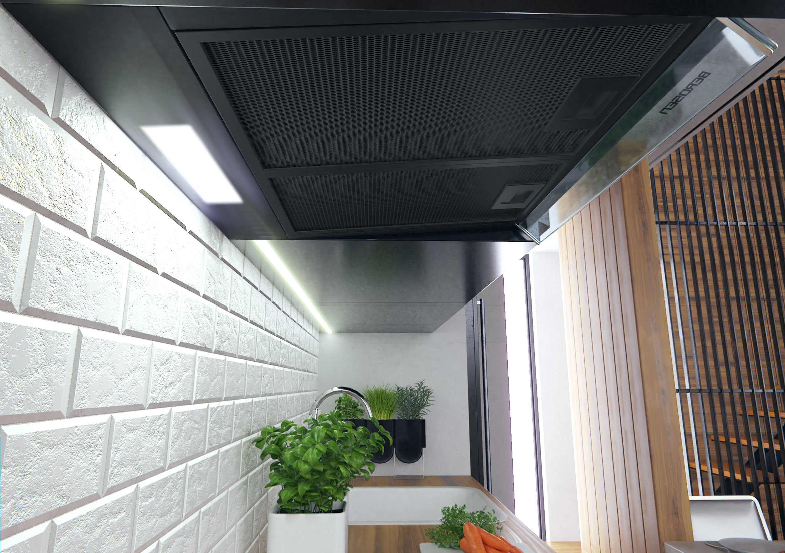 Wnętrze kuchni z białą ceglaną ścianą, czarnym okapem, zlewem i warzywami. Widoczne drewniane panele.