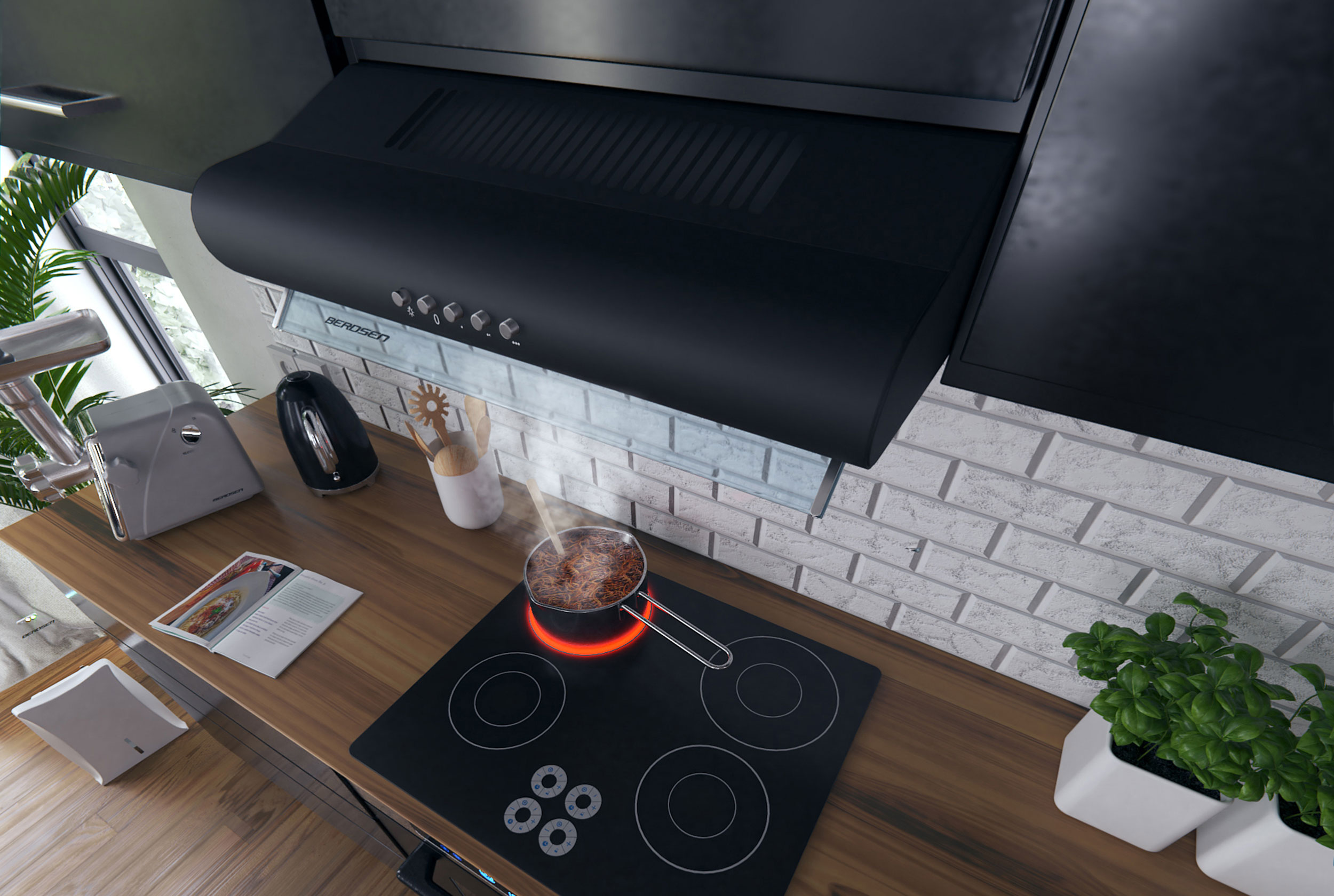 Scena kuchenna z kuchenką, garnkiem i okapem. Na blacie znajdują się różne przedmioty, w tym książka kucharska i rośliny.